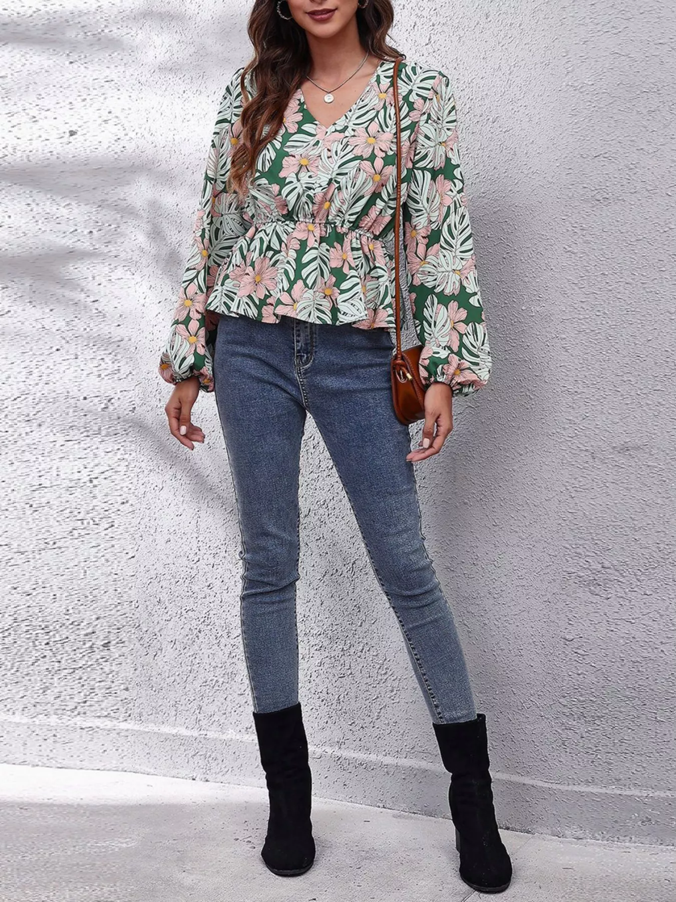 Floral V-Neck Balloon Sleeve Blouse - Image 12