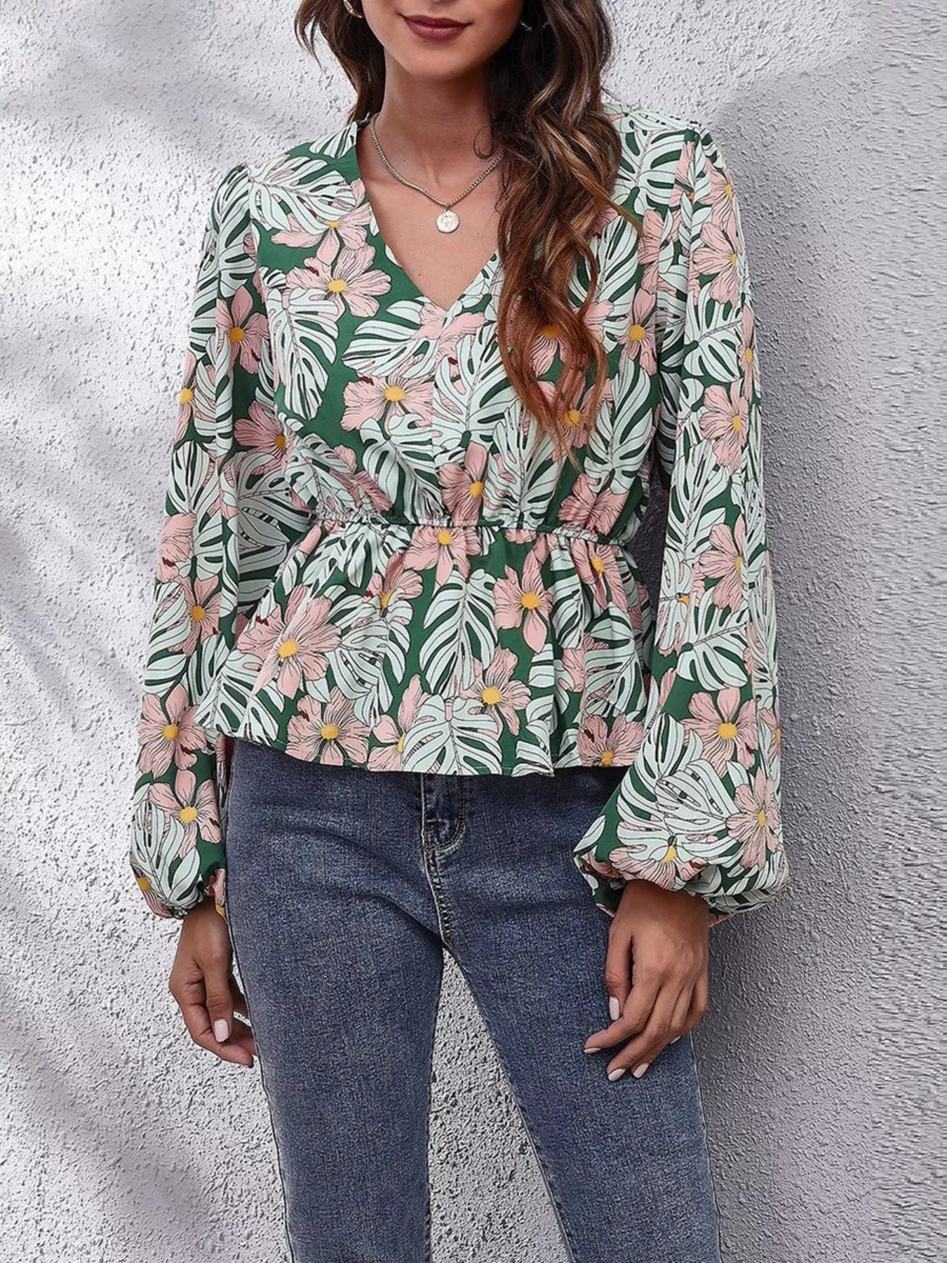 Floral V-Neck Balloon Sleeve Blouse - Image 13