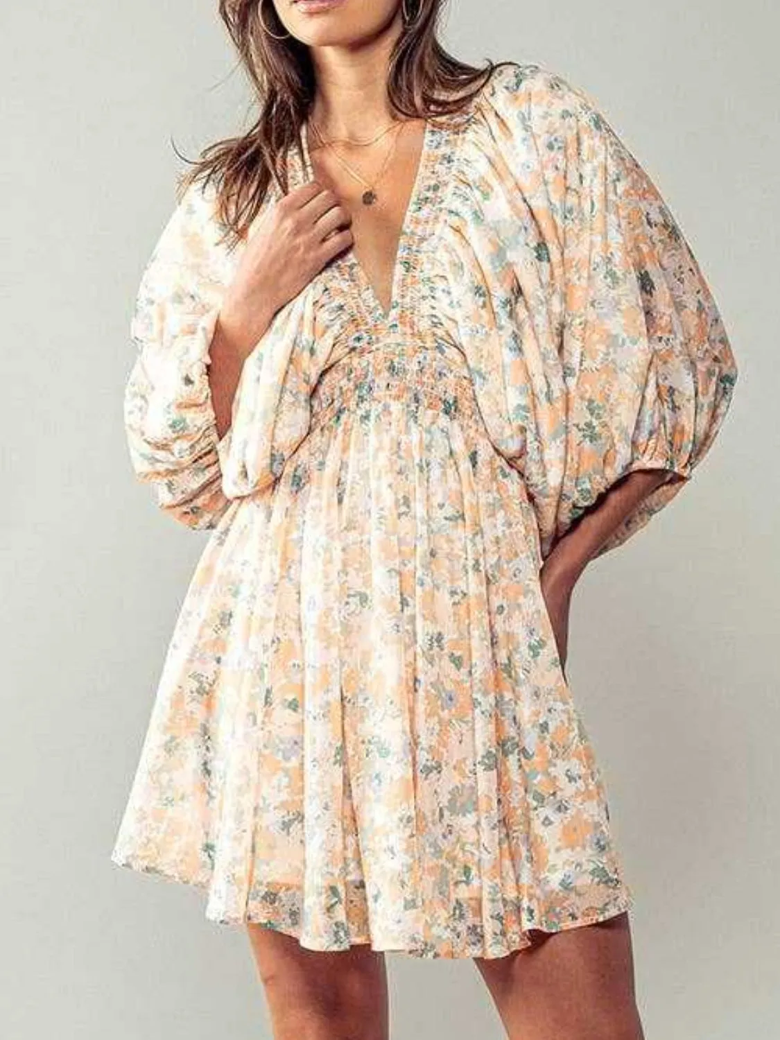 Floral V-Neck Balloon Sleeve Dress - Image 6