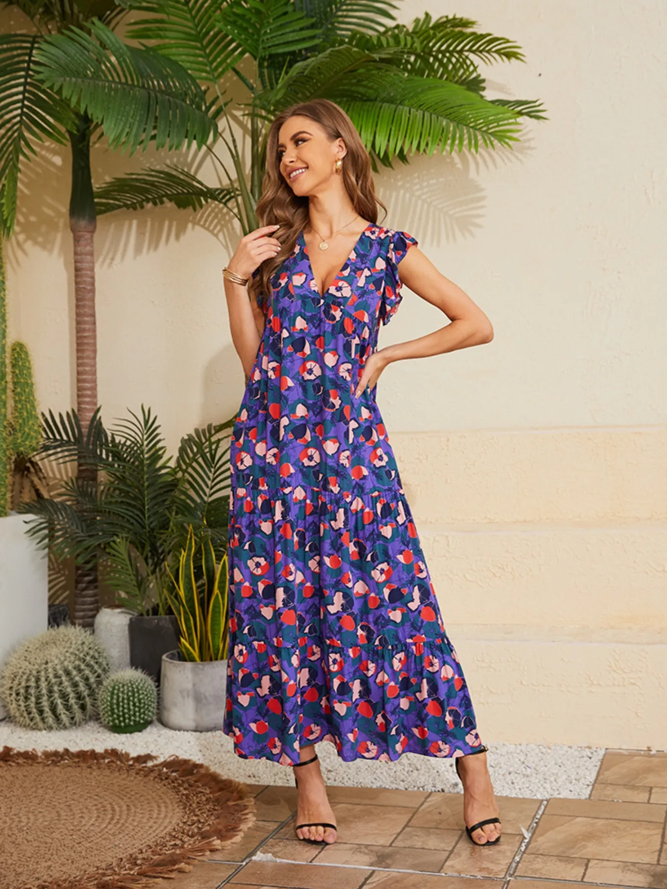 Floral V-Neck Cap Sleeve Summer Dress - Image 6