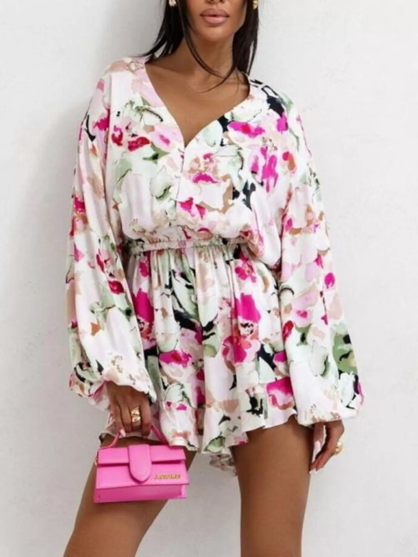 Floral V-Neck Long Sleeve Romper with Elastic Waist - Image 5