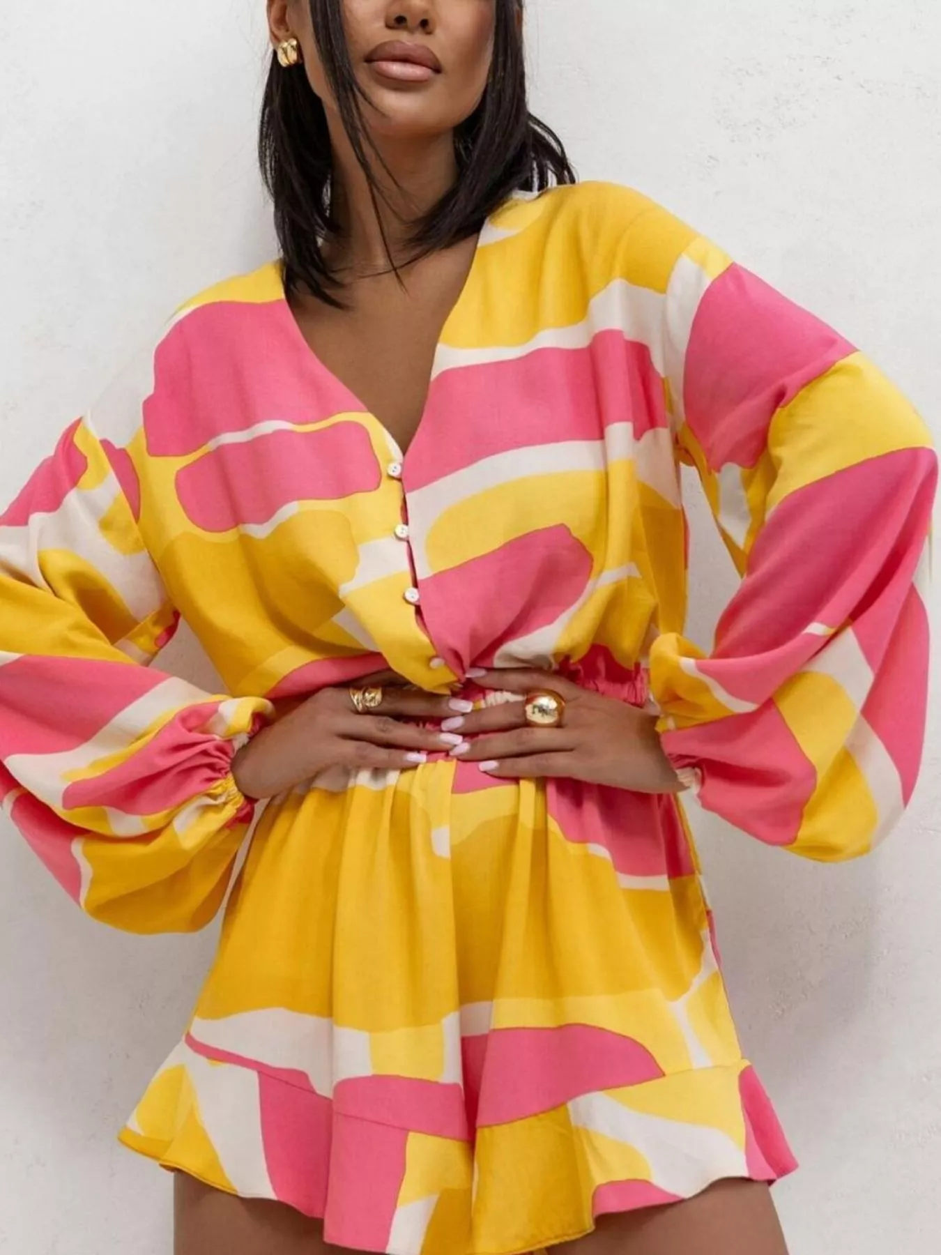 Floral V-Neck Long Sleeve Romper with Elastic Waist - Image 7