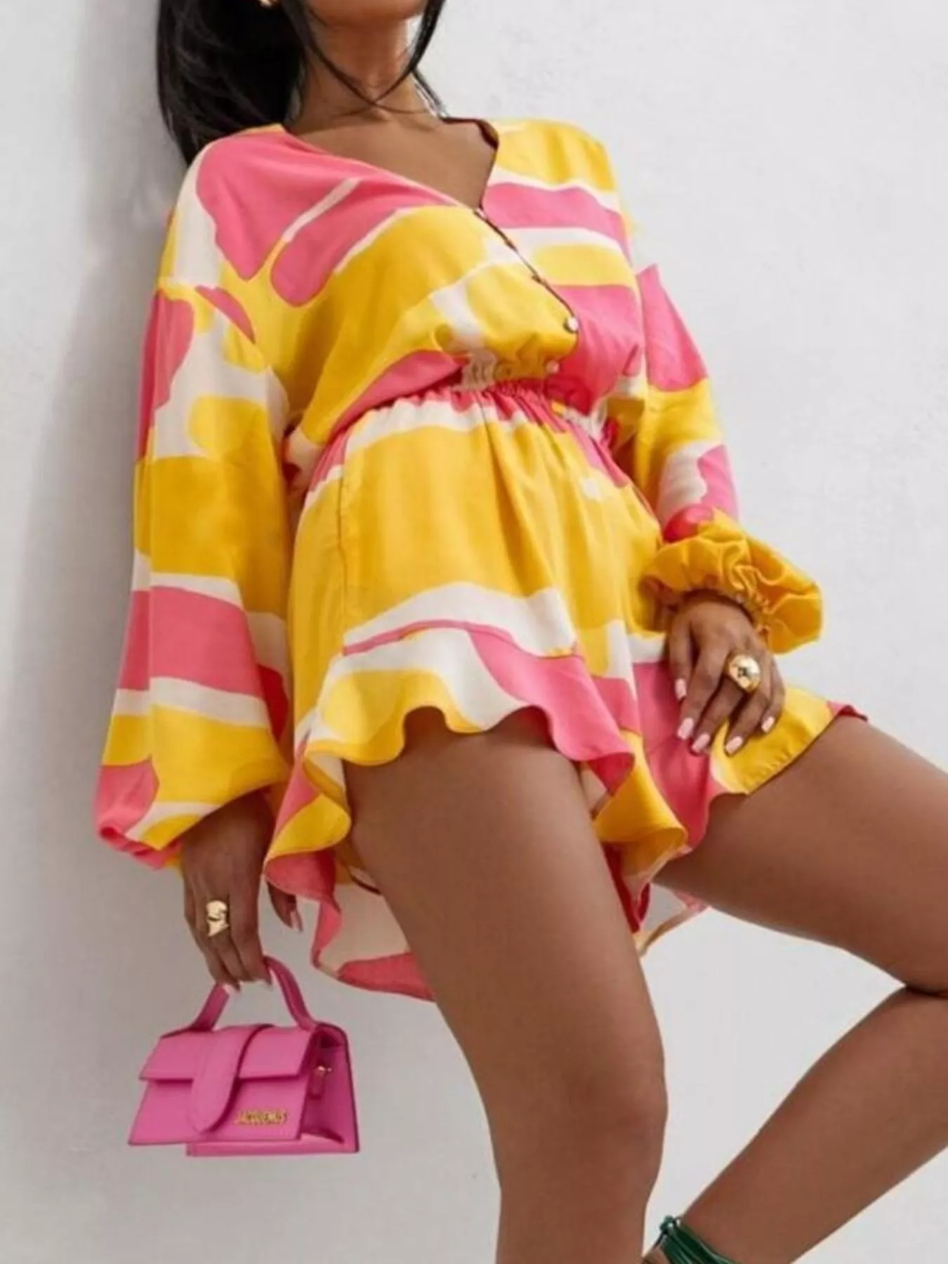 Floral V-Neck Long Sleeve Romper with Elastic Waist - Image 9