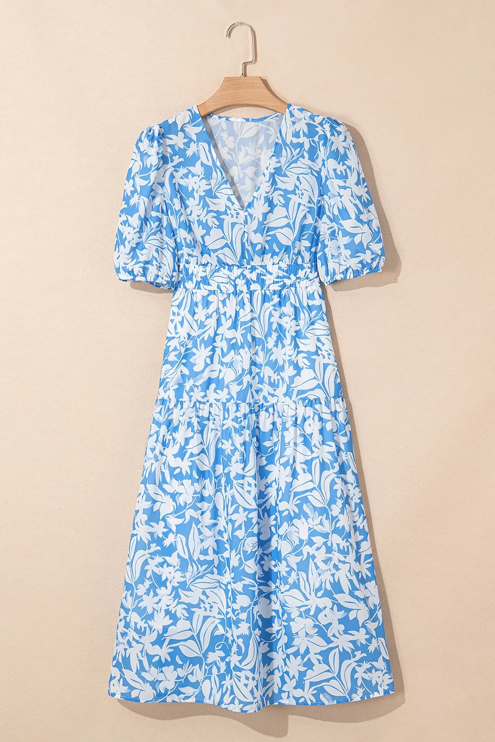 Floral V Neck Puff Short Sleeve Flowy Dress - Image 2