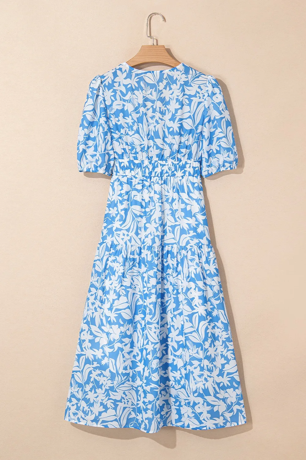 Floral V Neck Puff Short Sleeve Flowy Dress - Image 3