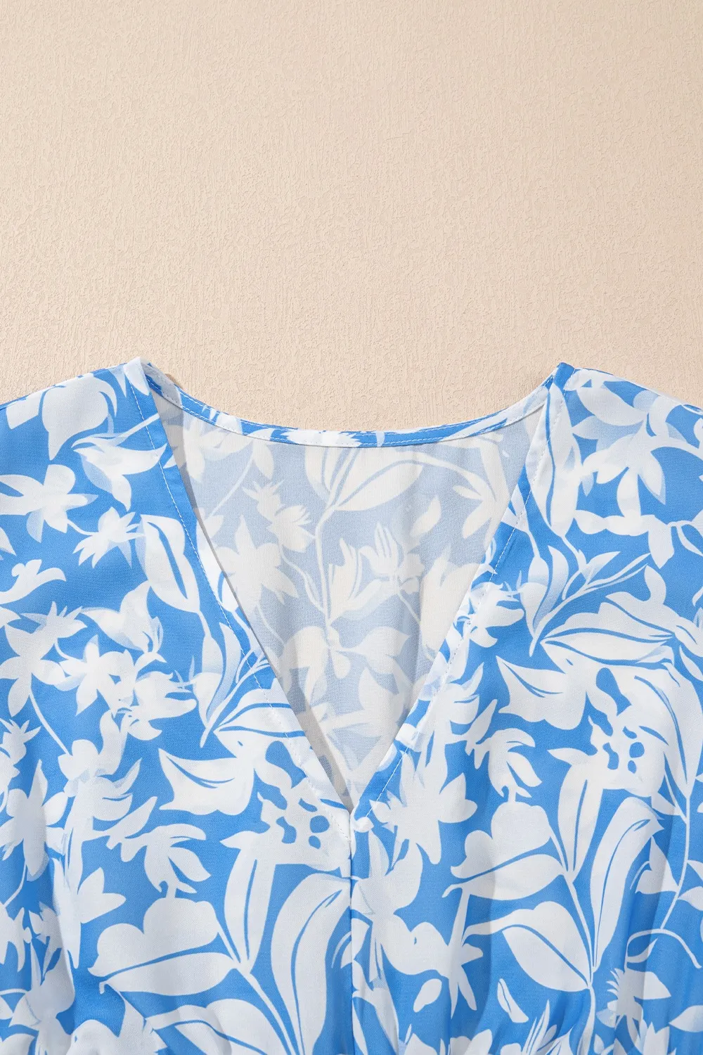 Floral V Neck Puff Short Sleeve Flowy Dress - Image 4