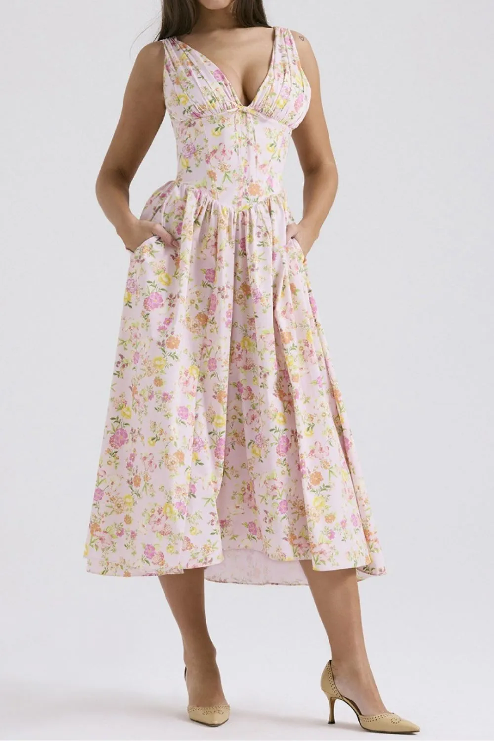 Floral V-Neck Sleeveless Midi Dress with Pockets - Image 12