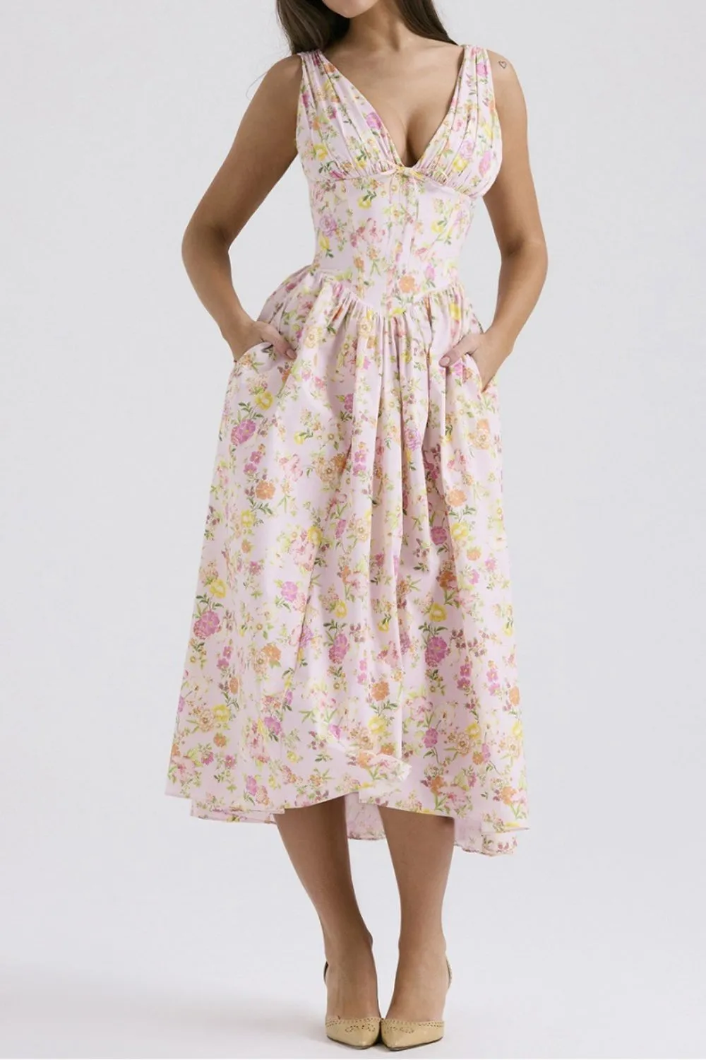 Floral V-Neck Sleeveless Midi Dress with Pockets - Image 14