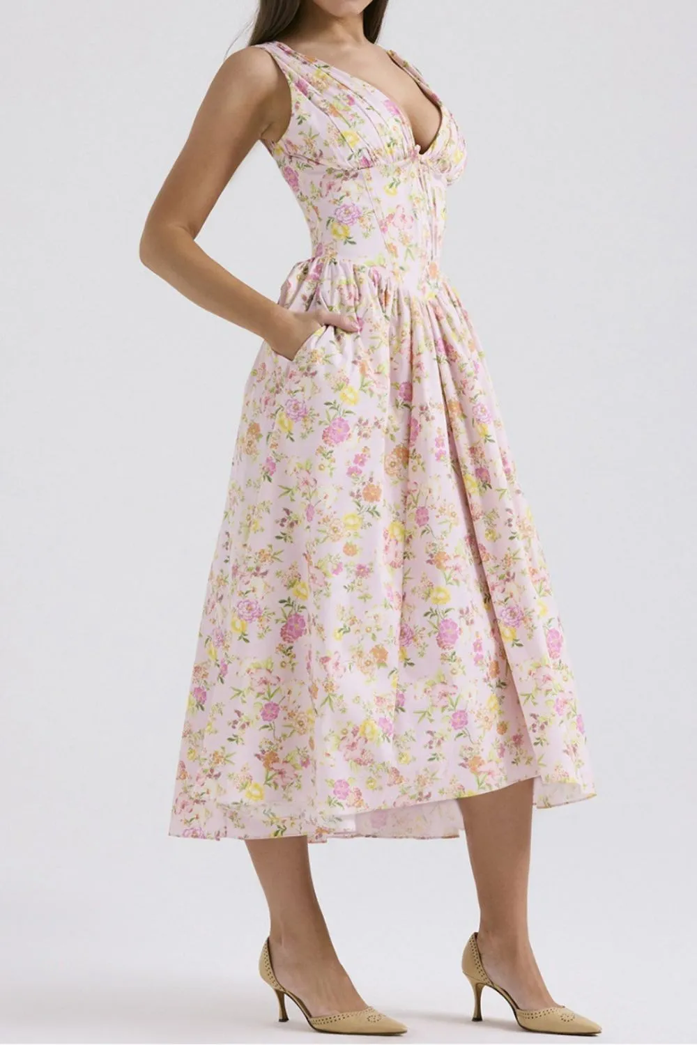Floral V-Neck Sleeveless Midi Dress with Pockets - Image 16
