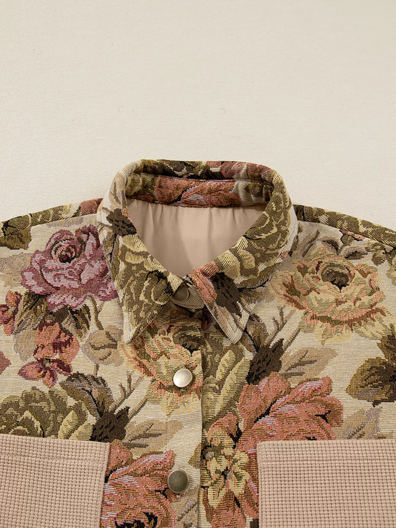 Floral Waffle Knit Patchwork Chest Pockets Buttoned Jacket - Image 8