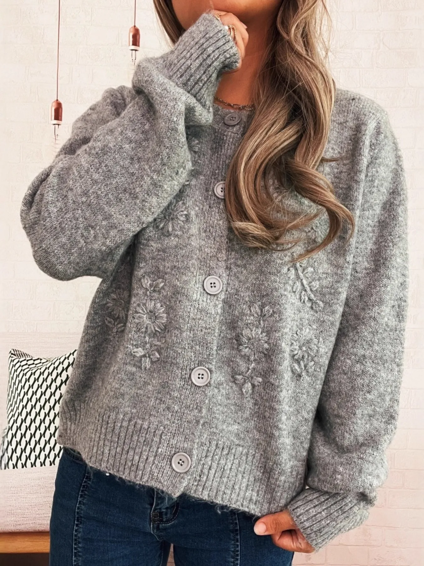 Flower Button Up Ribbed Hem Cardigan - Image 16