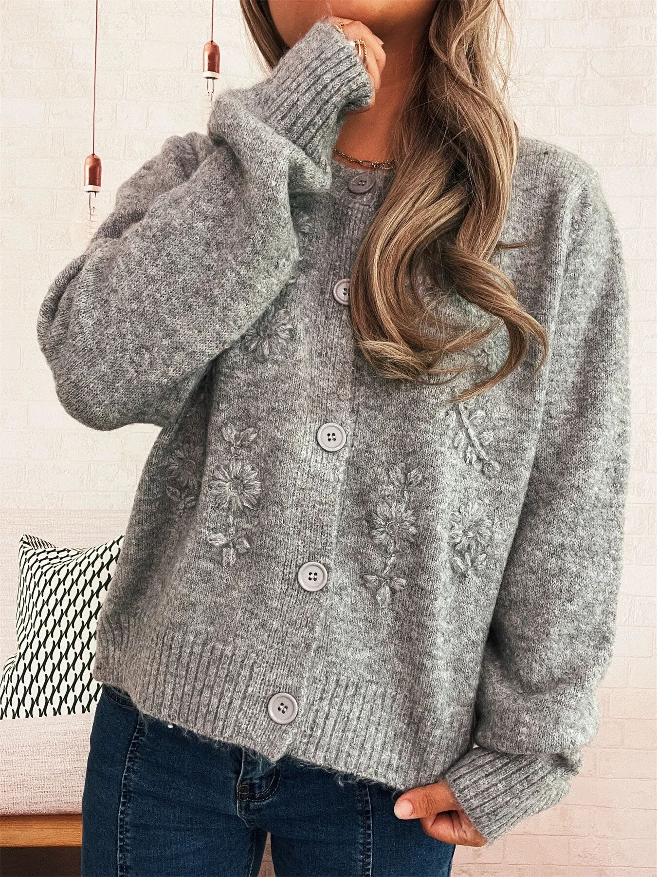 Flower Button Up Ribbed Hem Cardigan - Image 18
