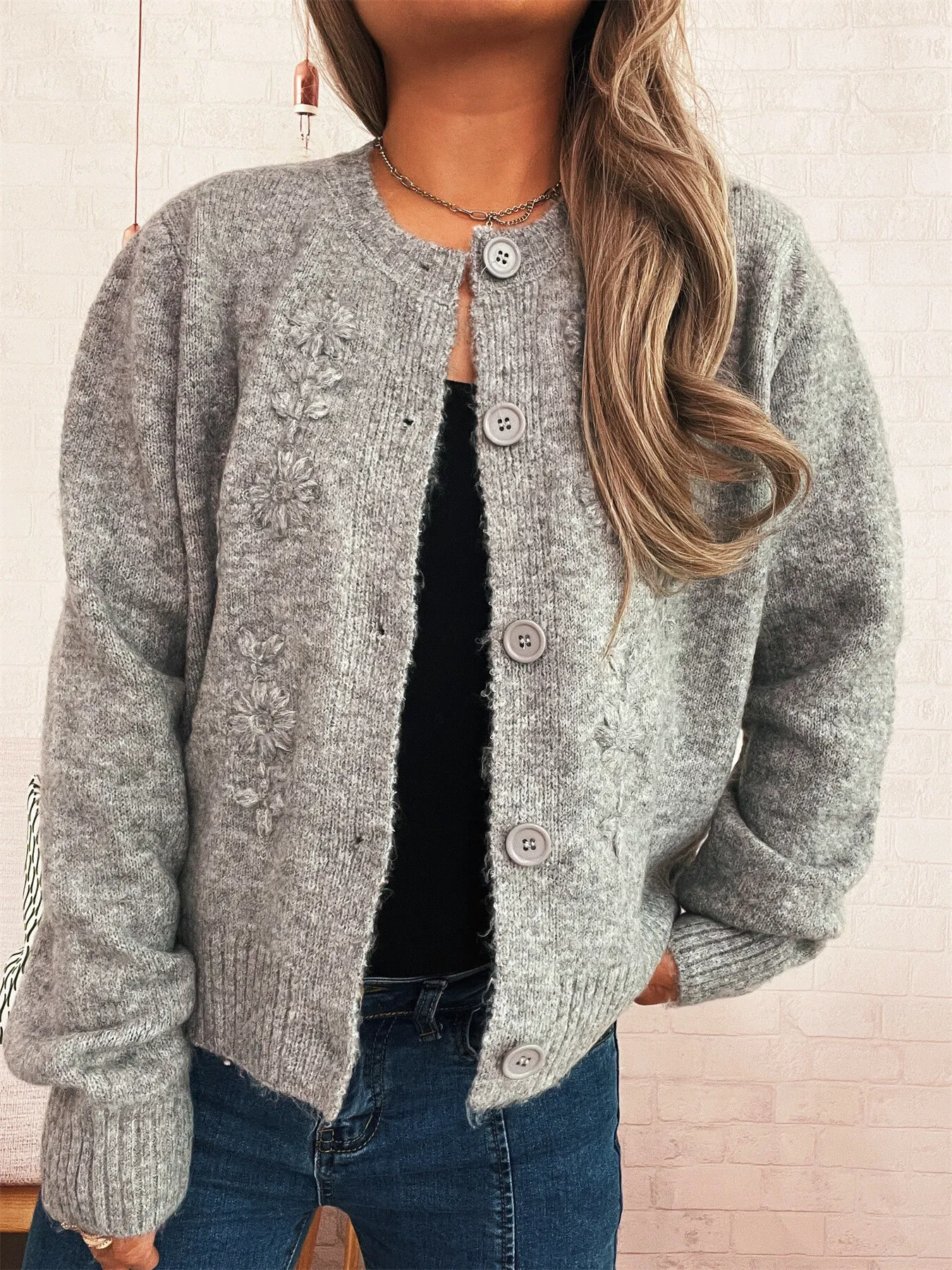 Flower Button Up Ribbed Hem Cardigan - Image 19