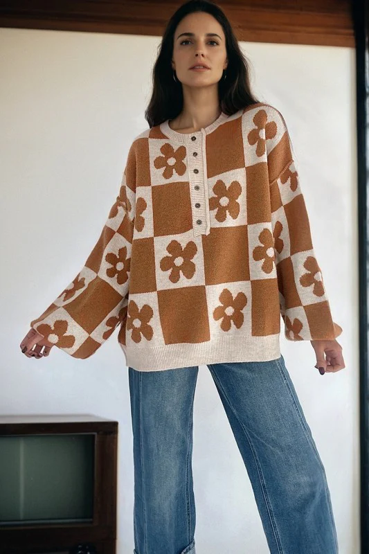 Flower Checker Henley Baggy Sweater - Image 2