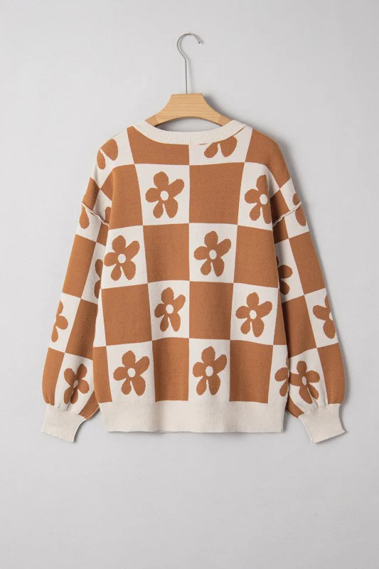 Flower Checker Henley Baggy Sweater - Image 4