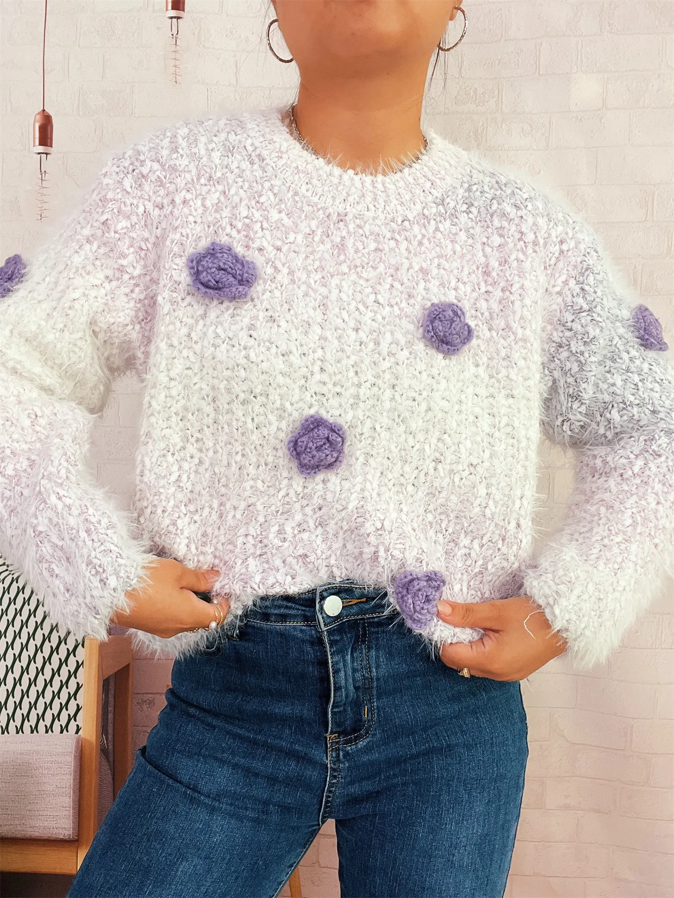 Flower Embellished Round Neck Sweater - Image 3