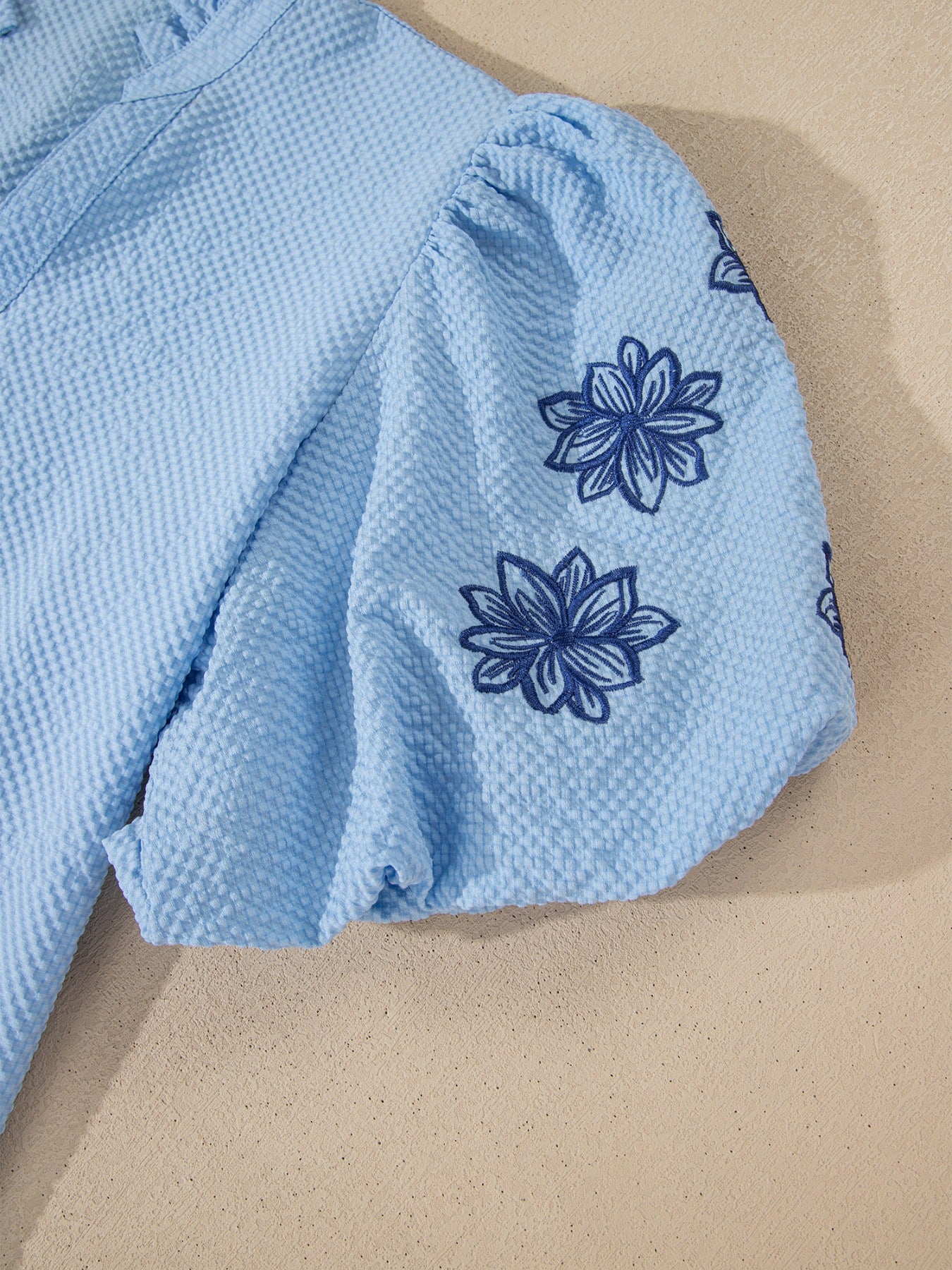 Flower Embroidered Puff Sleeve Split Neck Textured Blouse - Image 7