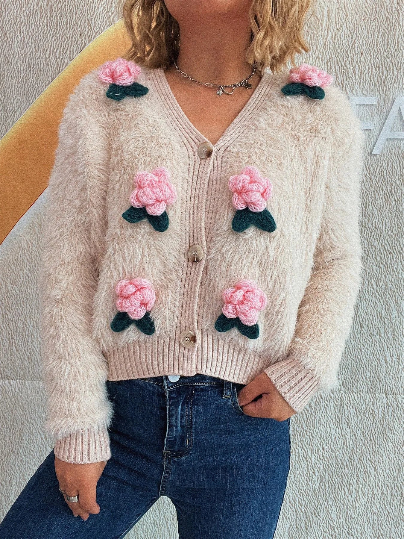 Flower Fuzzy Button-Up Cardigan - Image 15