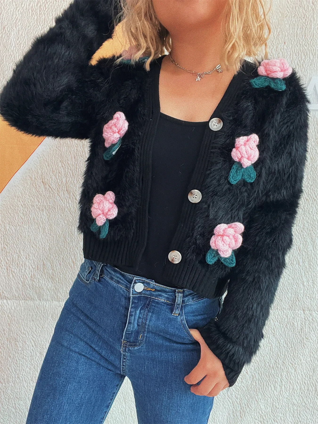 Flower Fuzzy Button-Up Cardigan - Image 19