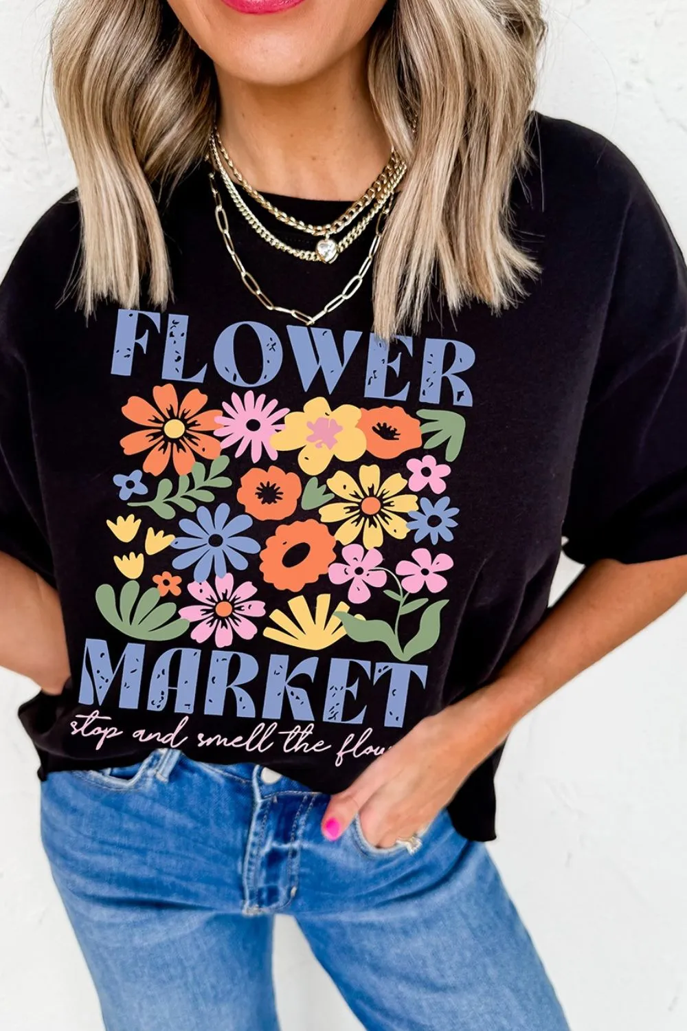 Flower Market Graphic Round Neck T-Shirt - Image 4