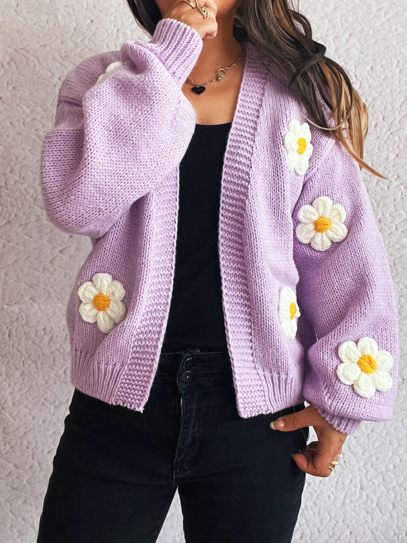 Flower Open Front Long Sleeve Cardigan - Image 13