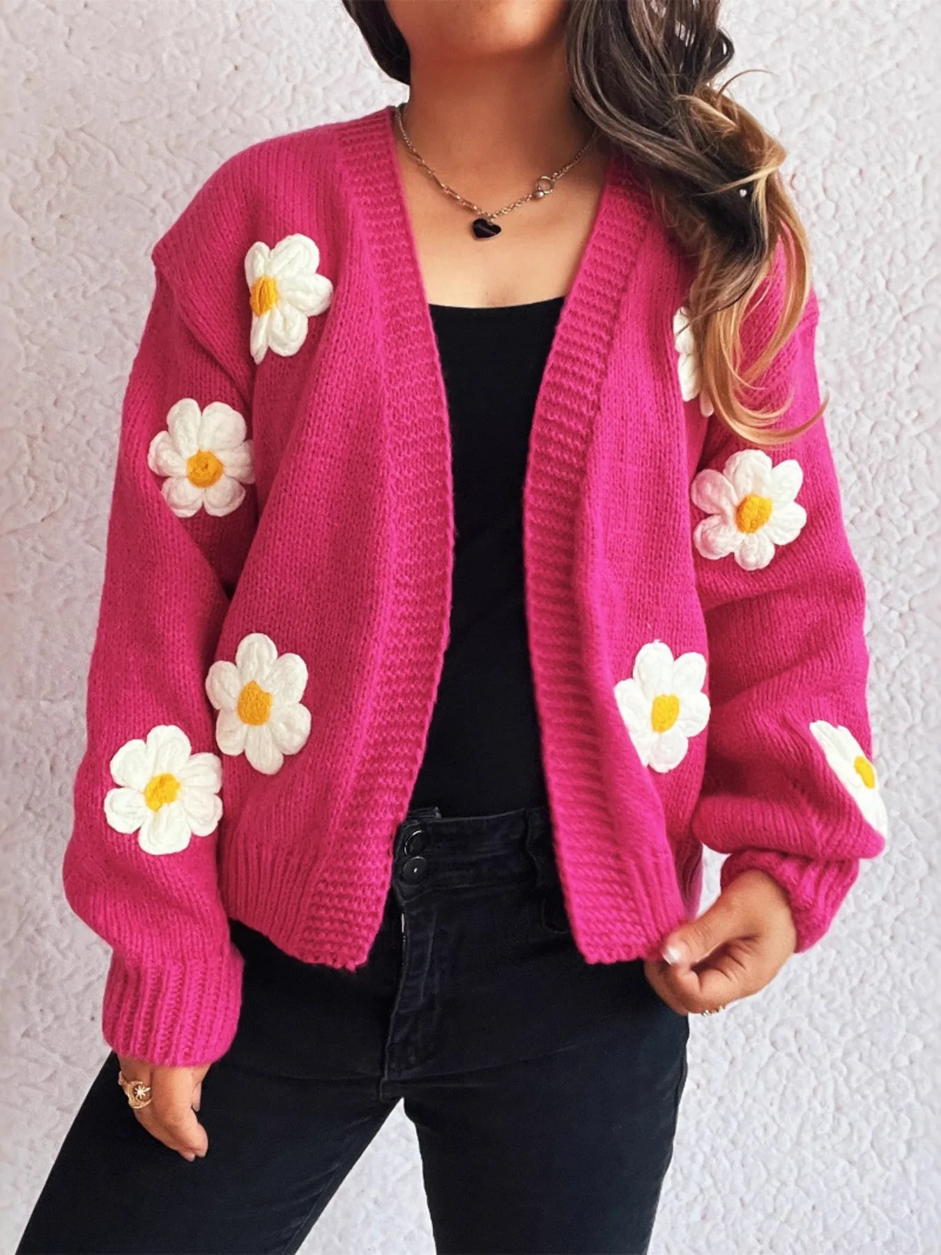 Flower Open Front Long Sleeve Cardigan - Image 15