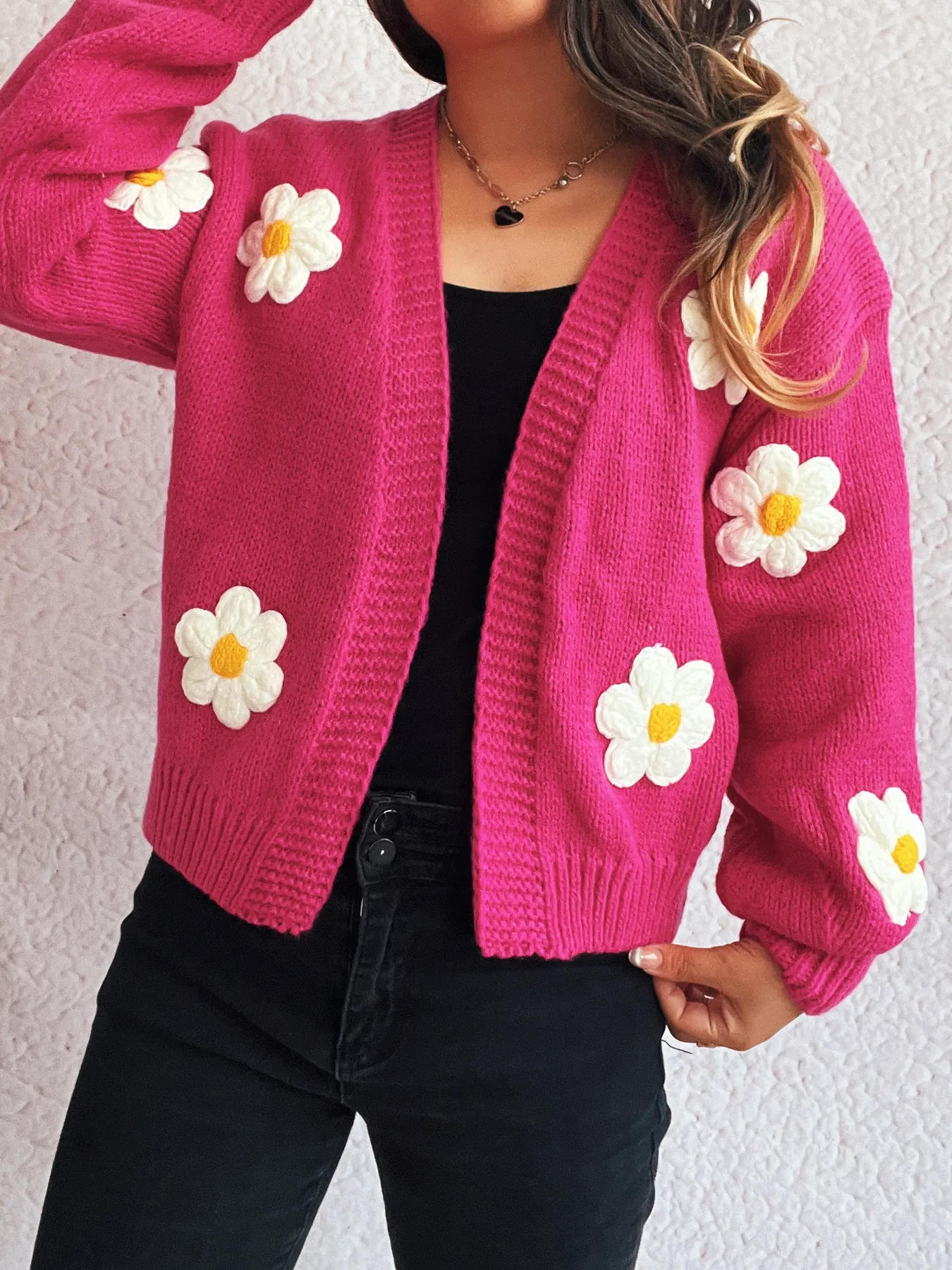 Flower Open Front Long Sleeve Cardigan - Image 17