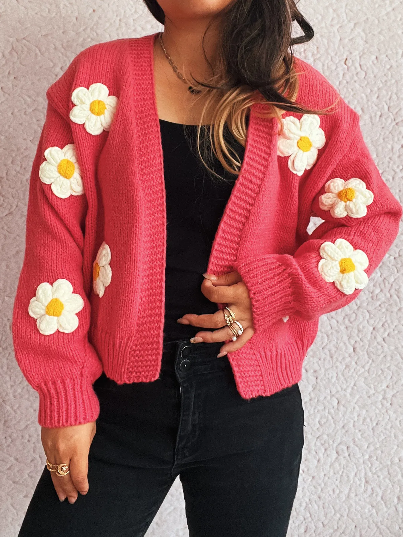 Flower Open Front Long Sleeve Cardigan - Image 8
