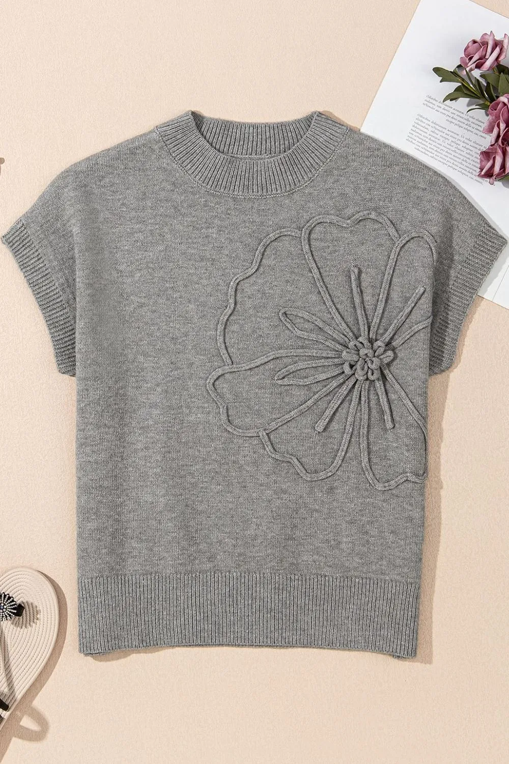 Flower Pattern Ribbed Trim Short Sleeve Boxy Sweater - Image 6
