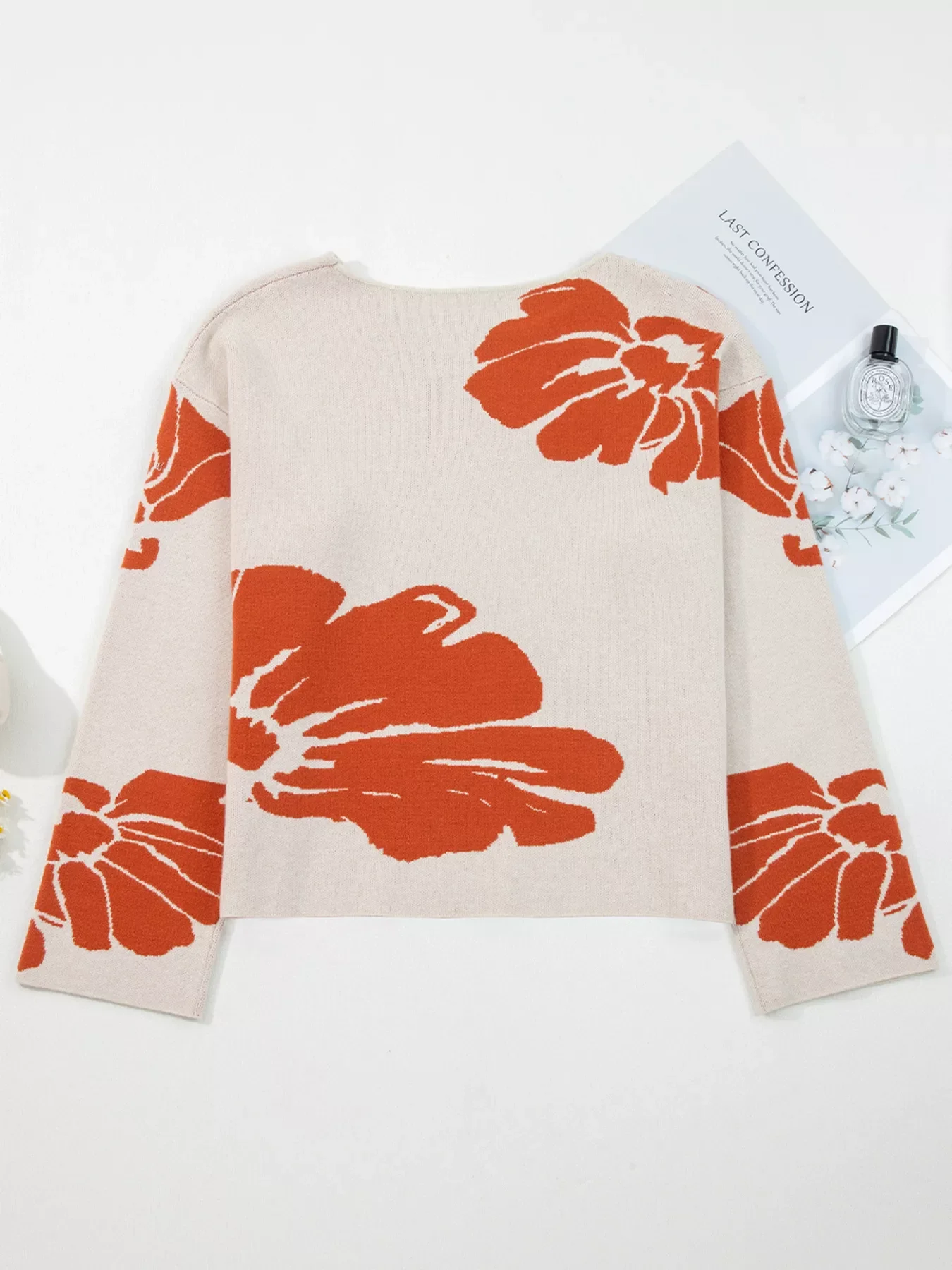 Flower Pattern Wide Sleeve Baggy Sweater - Image 4