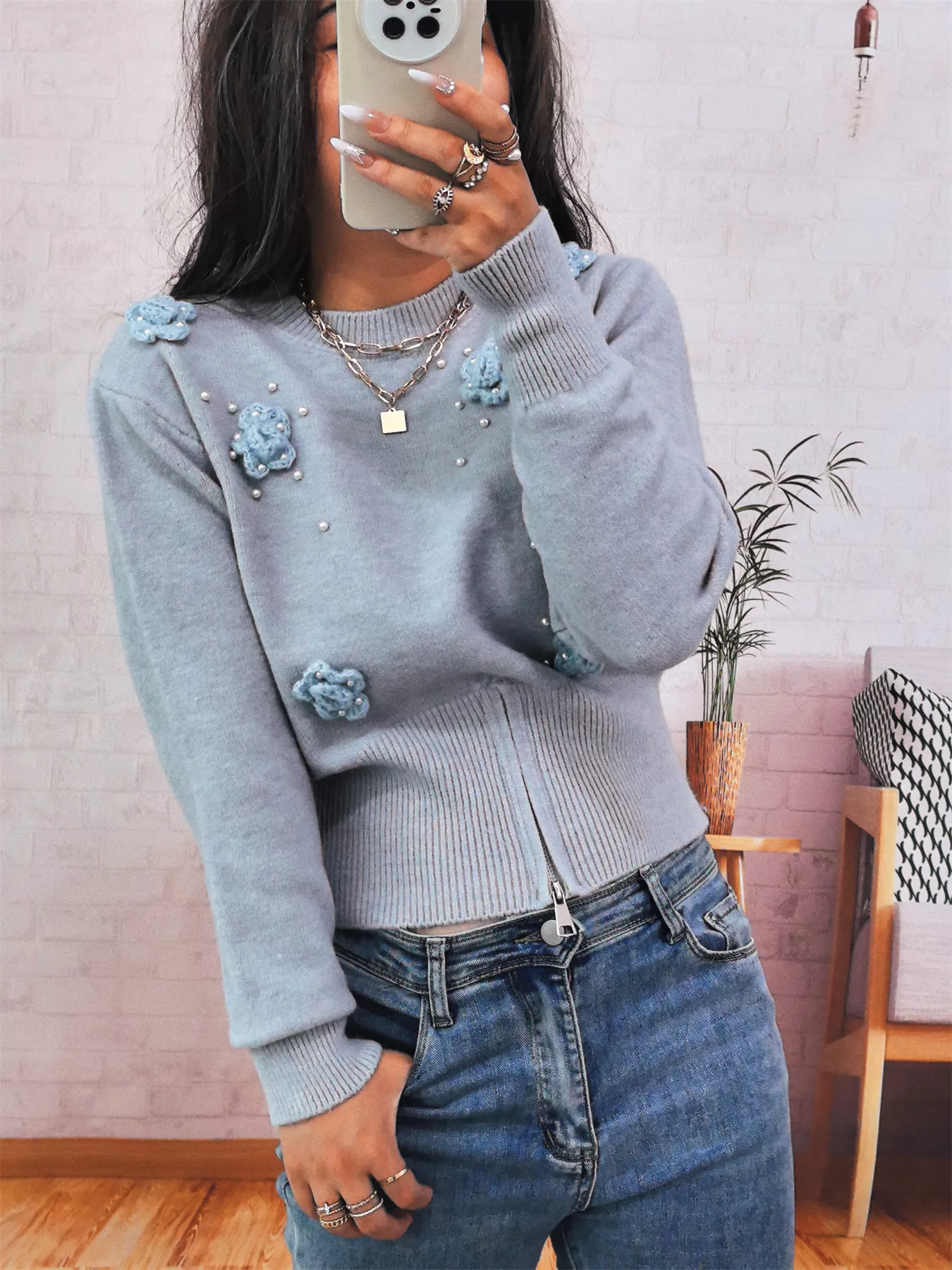 Flower Pearl Detail Ribbed Hem Sweater - Image 3