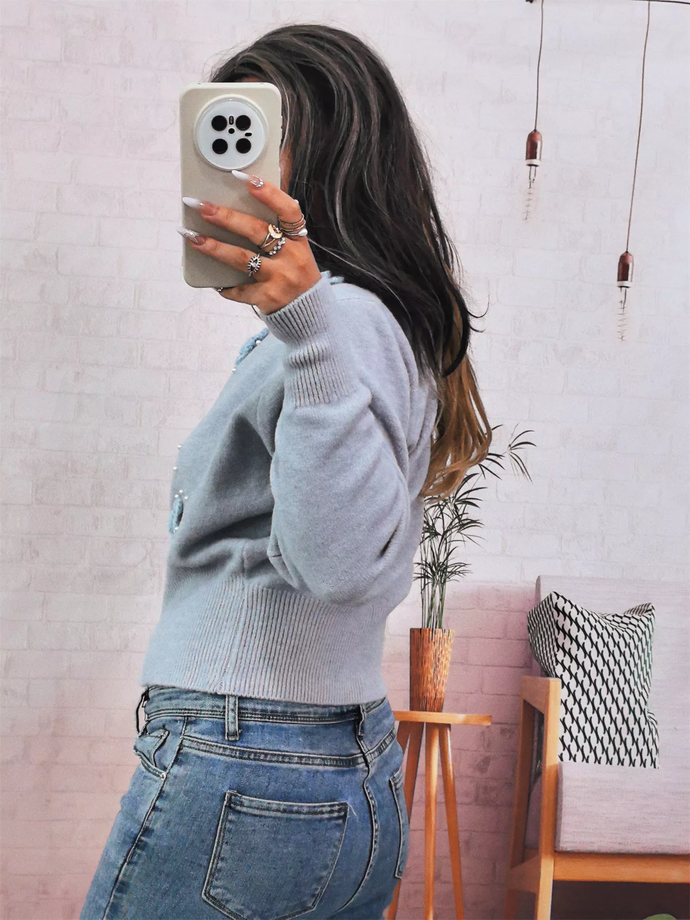 Flower Pearl Detail Ribbed Hem Sweater - Image 5