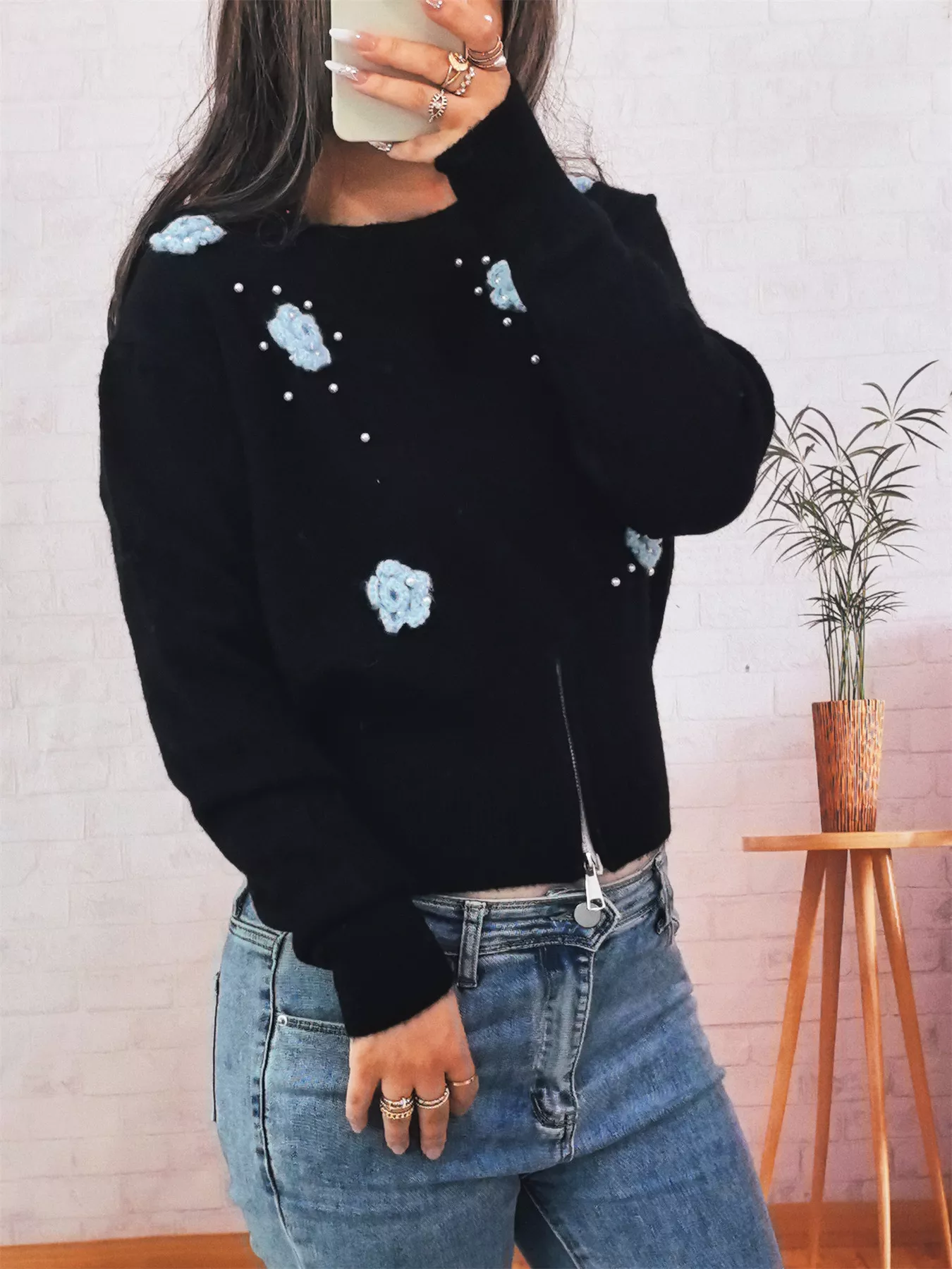 Flower Pearl Detail Ribbed Hem Sweater - Image 8