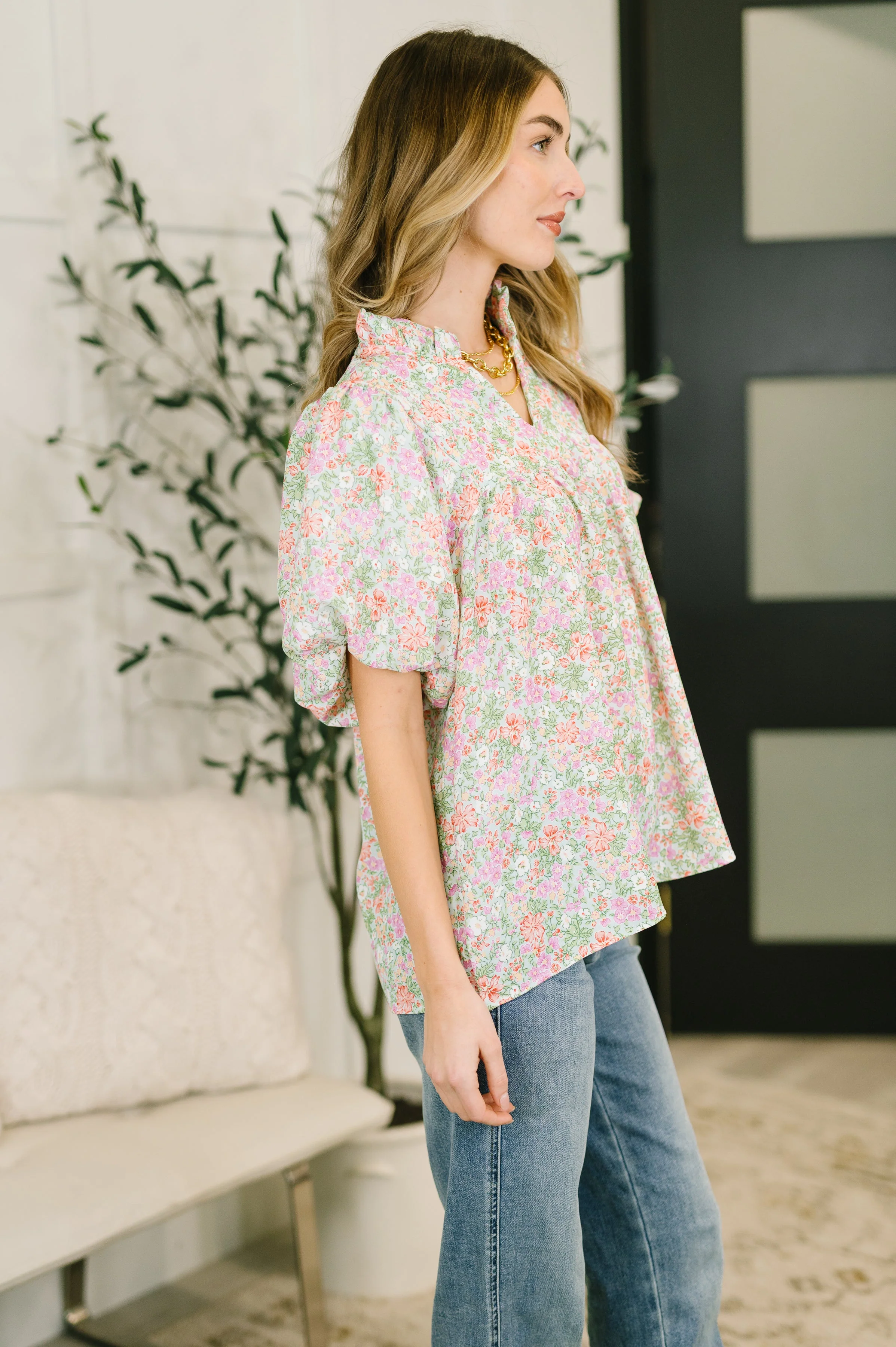 Flower Picking Notch Neck Blouse - Image 4