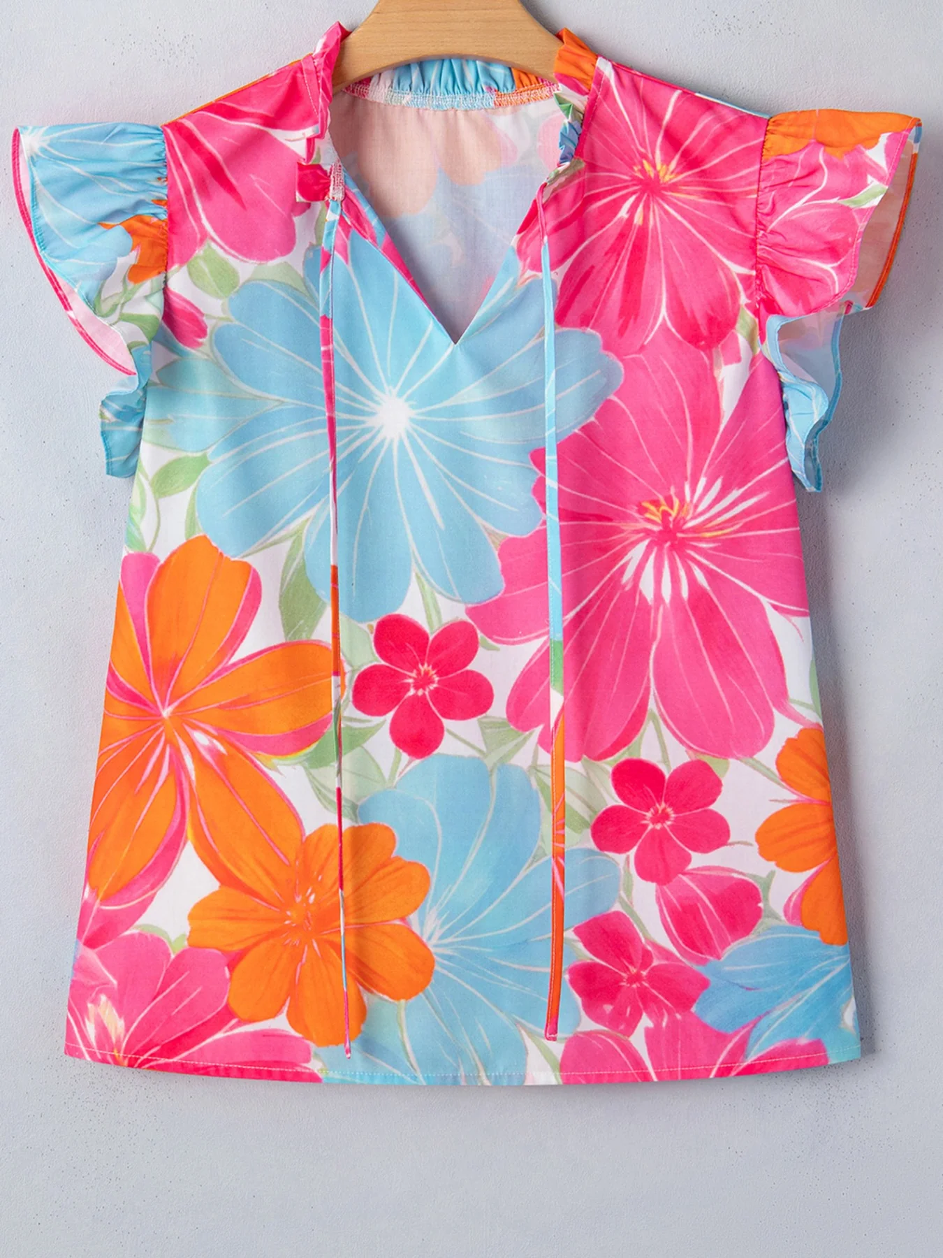 Flower Printed Tie V Neck Ruffle Trim Sleeveless Blouse - Image 3