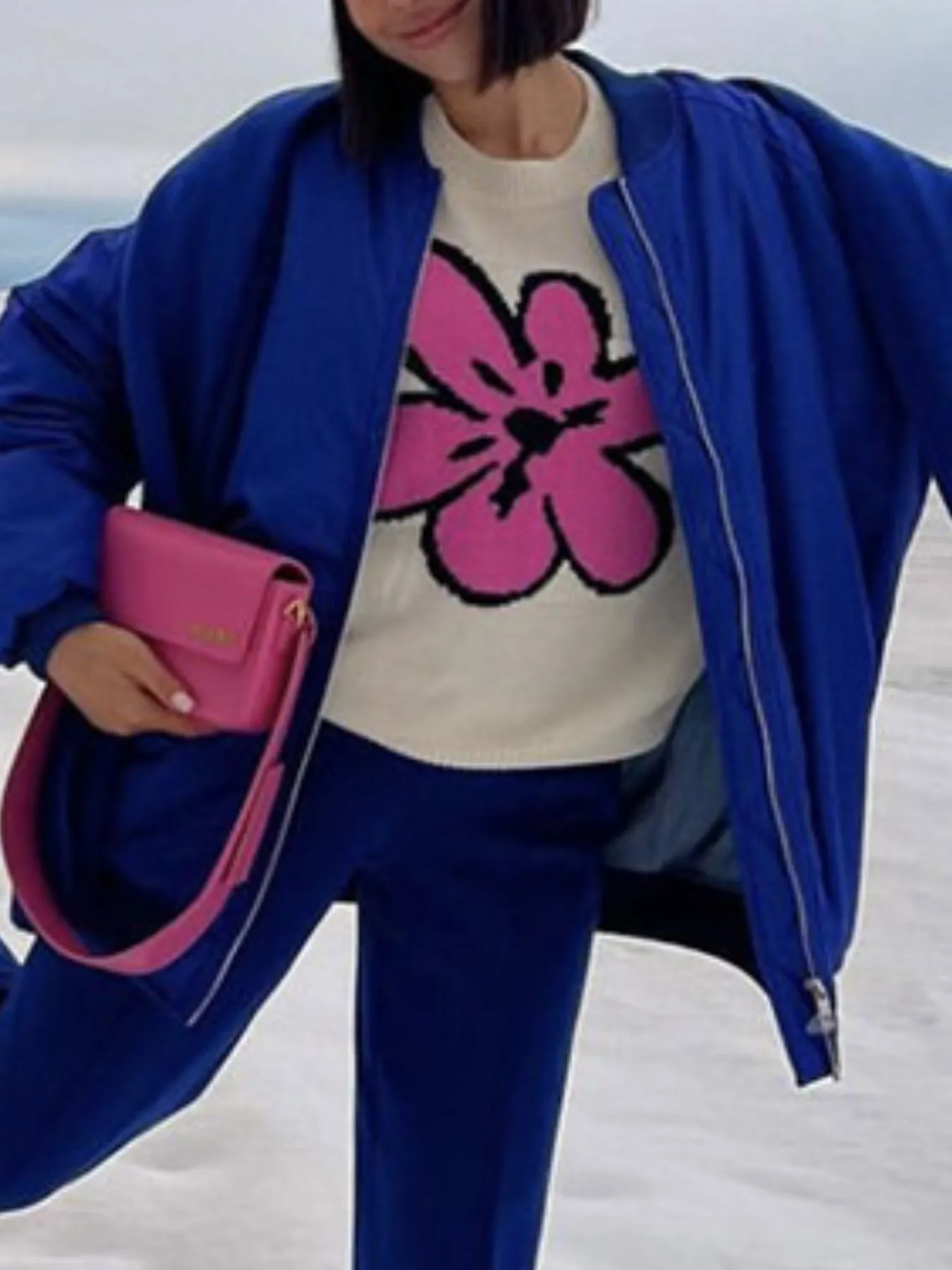 Flower Ribbed Hem Round Neck Sweater - Image 6
