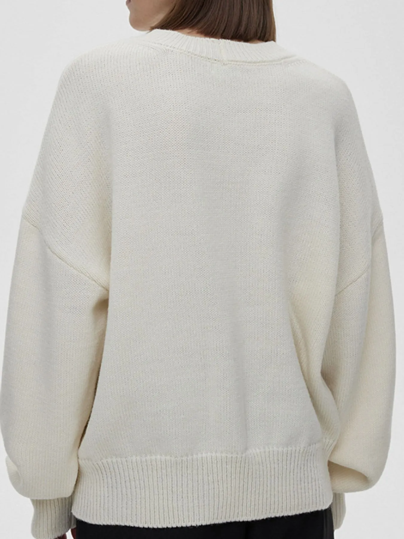 Flower Ribbed Hem Round Neck Sweater - Image 8