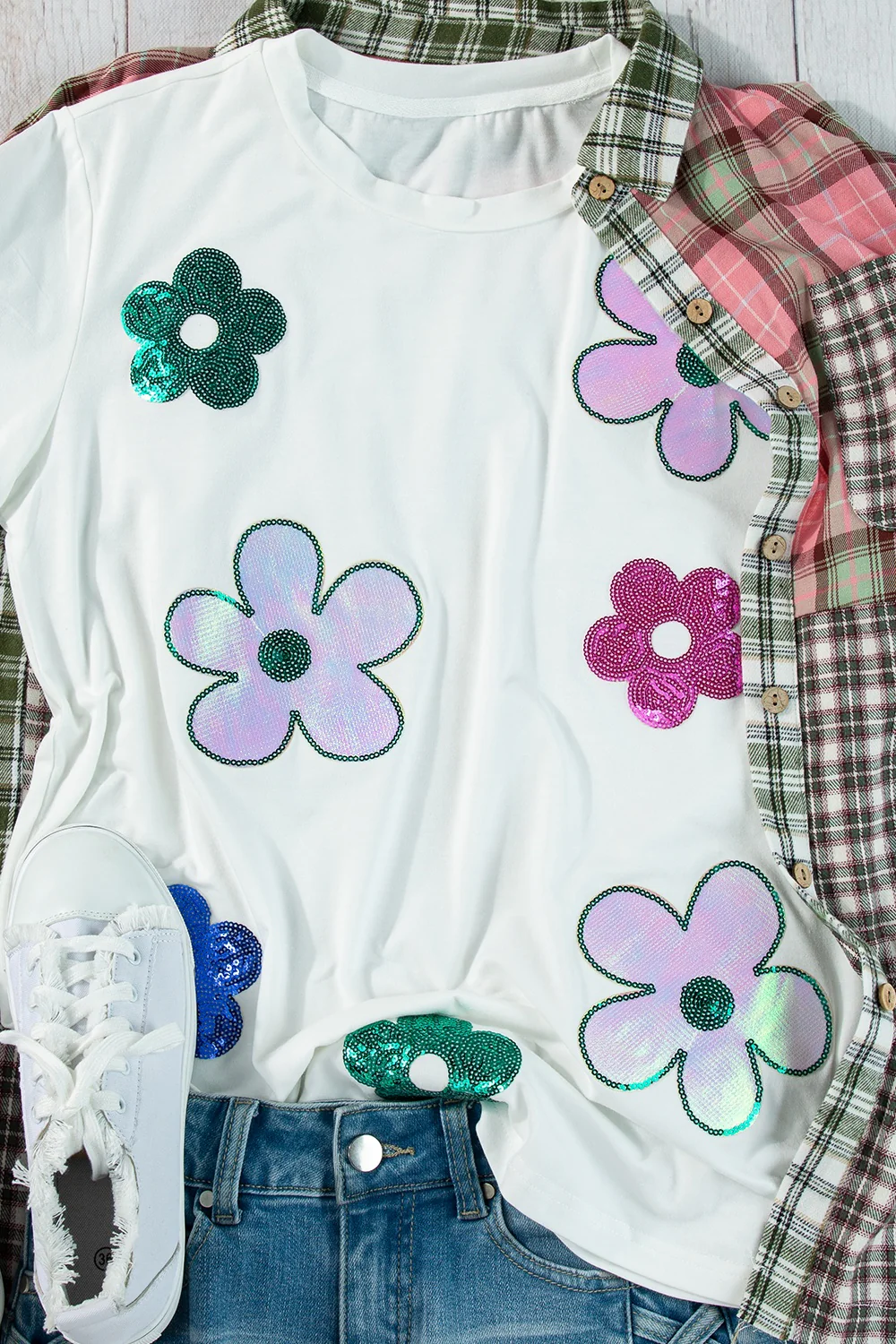 Flower Round Neck Short Sleeve T-Shirt - Image 2