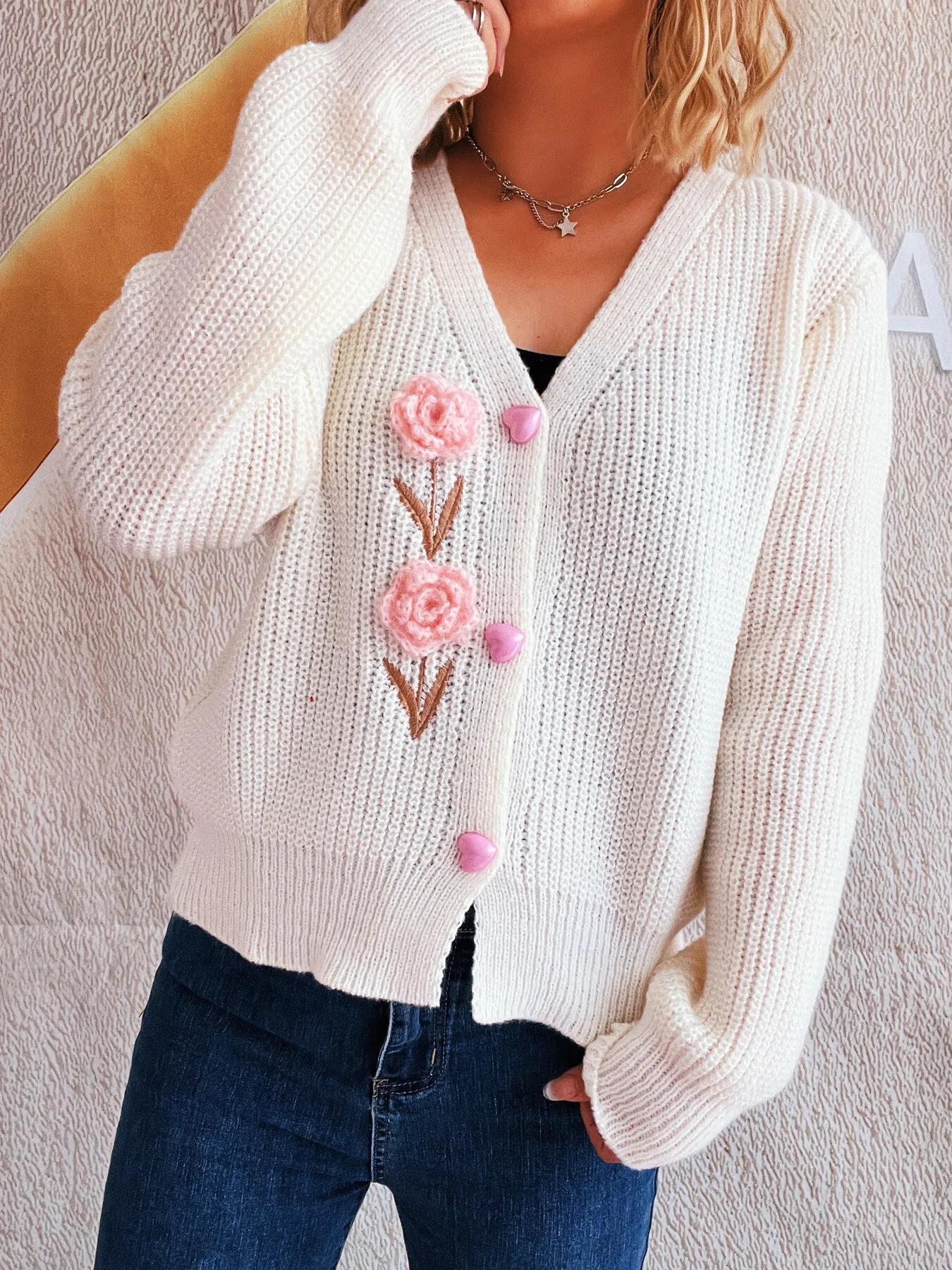 Flower V-Neck Button Up Cardigan - Image 2