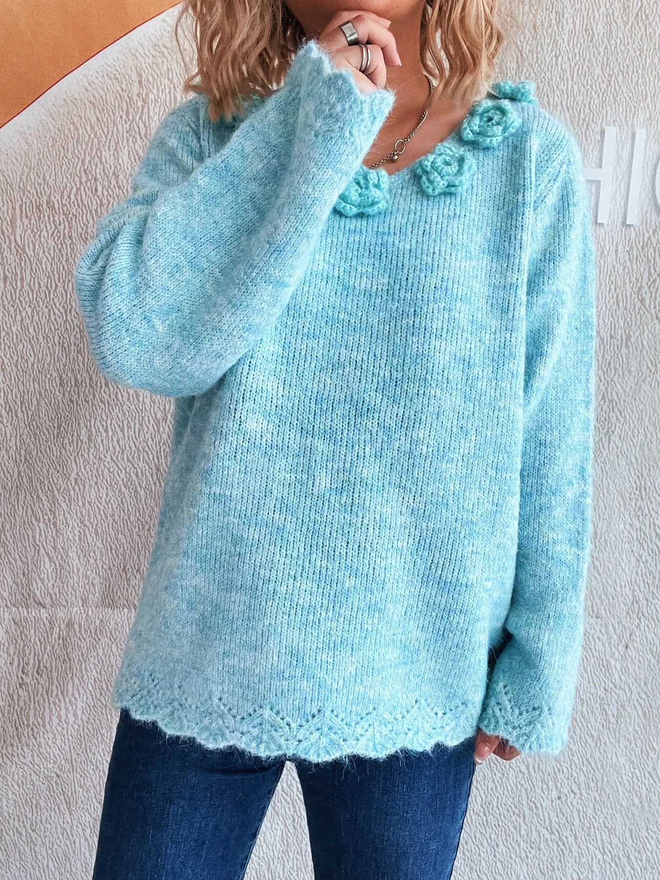 Flower V-Neck Long Sleeve Sweater - Image 9