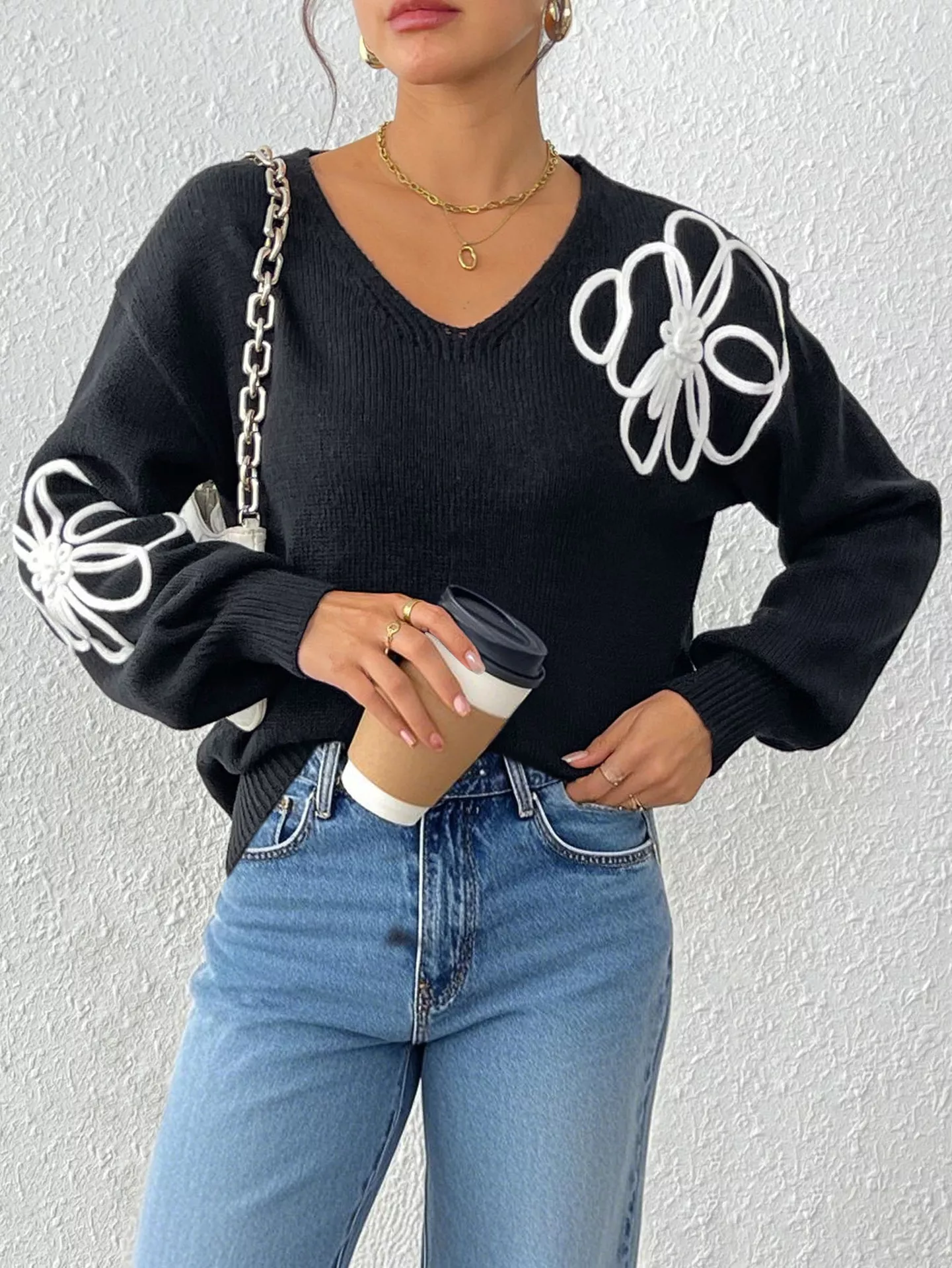Flower V-Neck Long Sleeve Sweater - Image 8