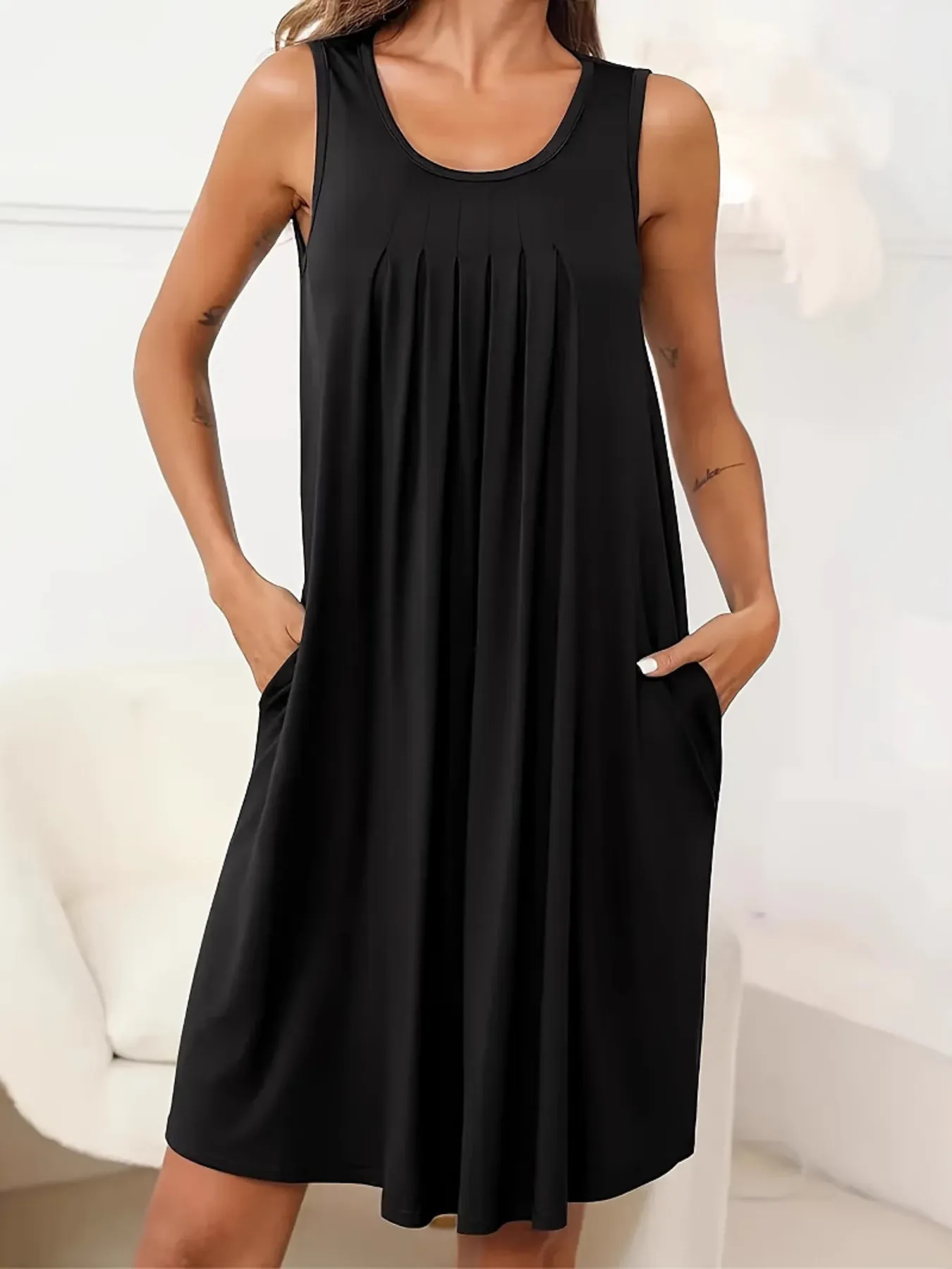 Flowy Pleated Tank Dress with Pockets - Image 9