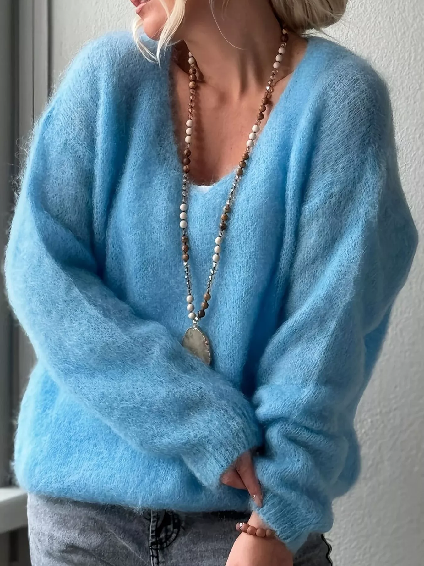 Fluffy Knit V-Neck Long Sleeve Sweater - Image 4