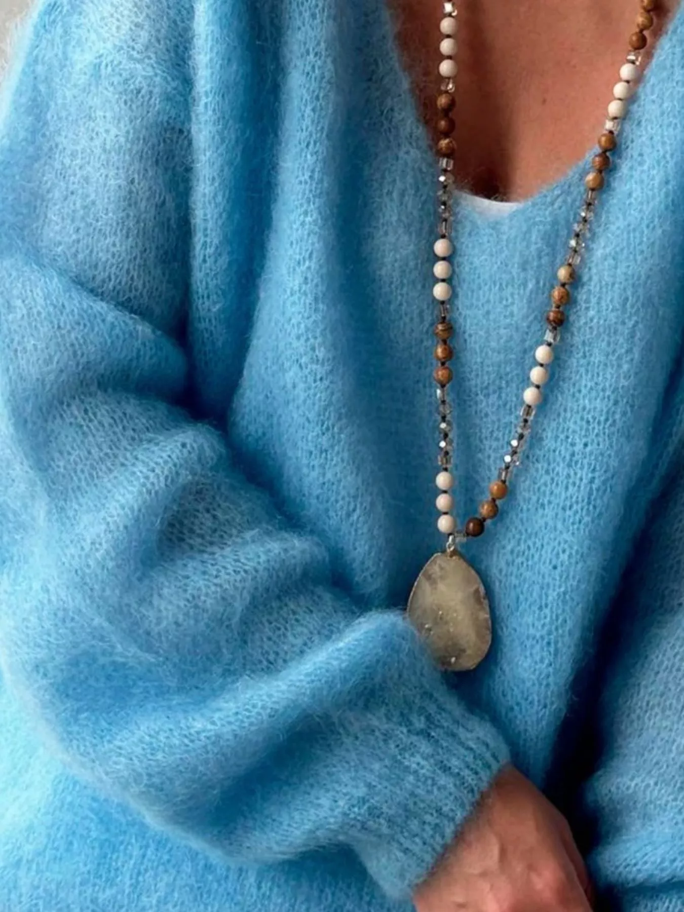 Fluffy Knit V-Neck Long Sleeve Sweater - Image 6