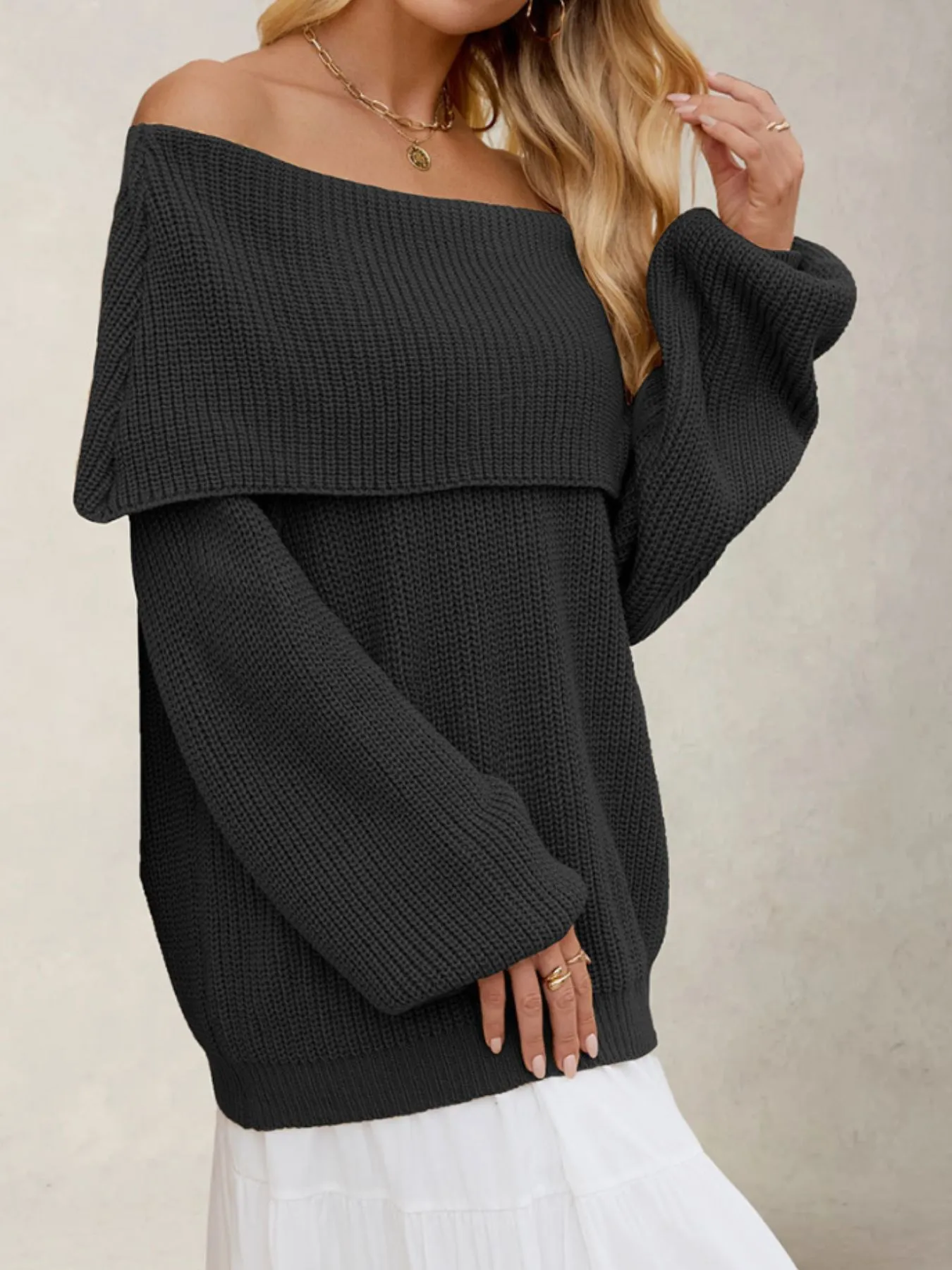 Fold-Over Collar Long Sleeve Sweater - Image 13
