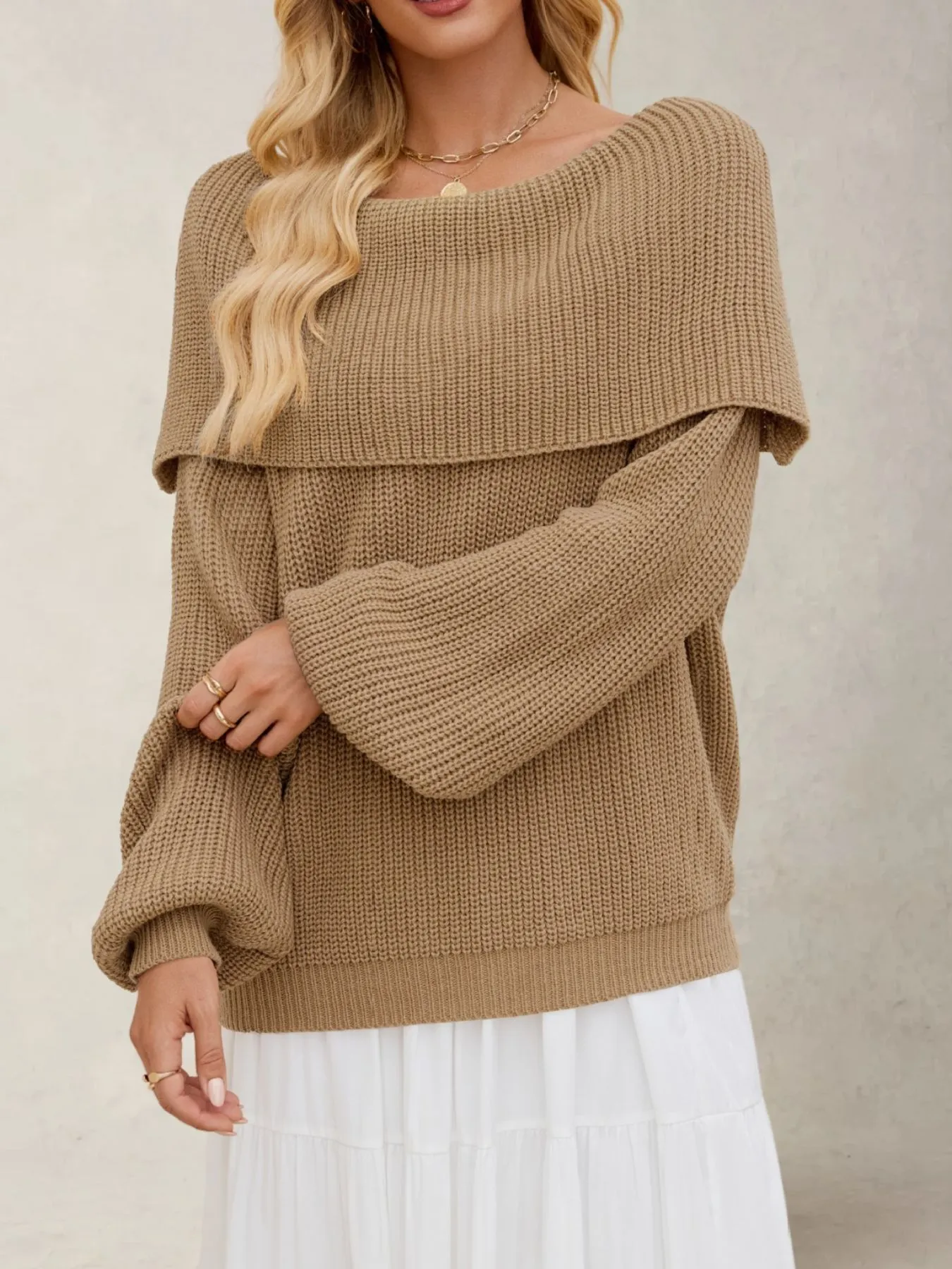 Fold-Over Collar Long Sleeve Sweater - Image 6