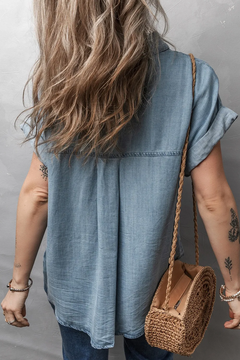 Folded Short Sleeve Patched Pocket Denim Shirt - Image 2