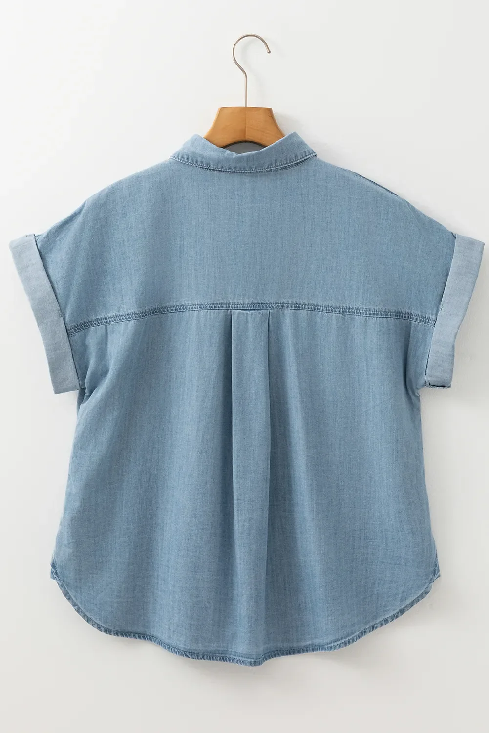 Folded Short Sleeve Patched Pocket Denim Shirt - Image 6