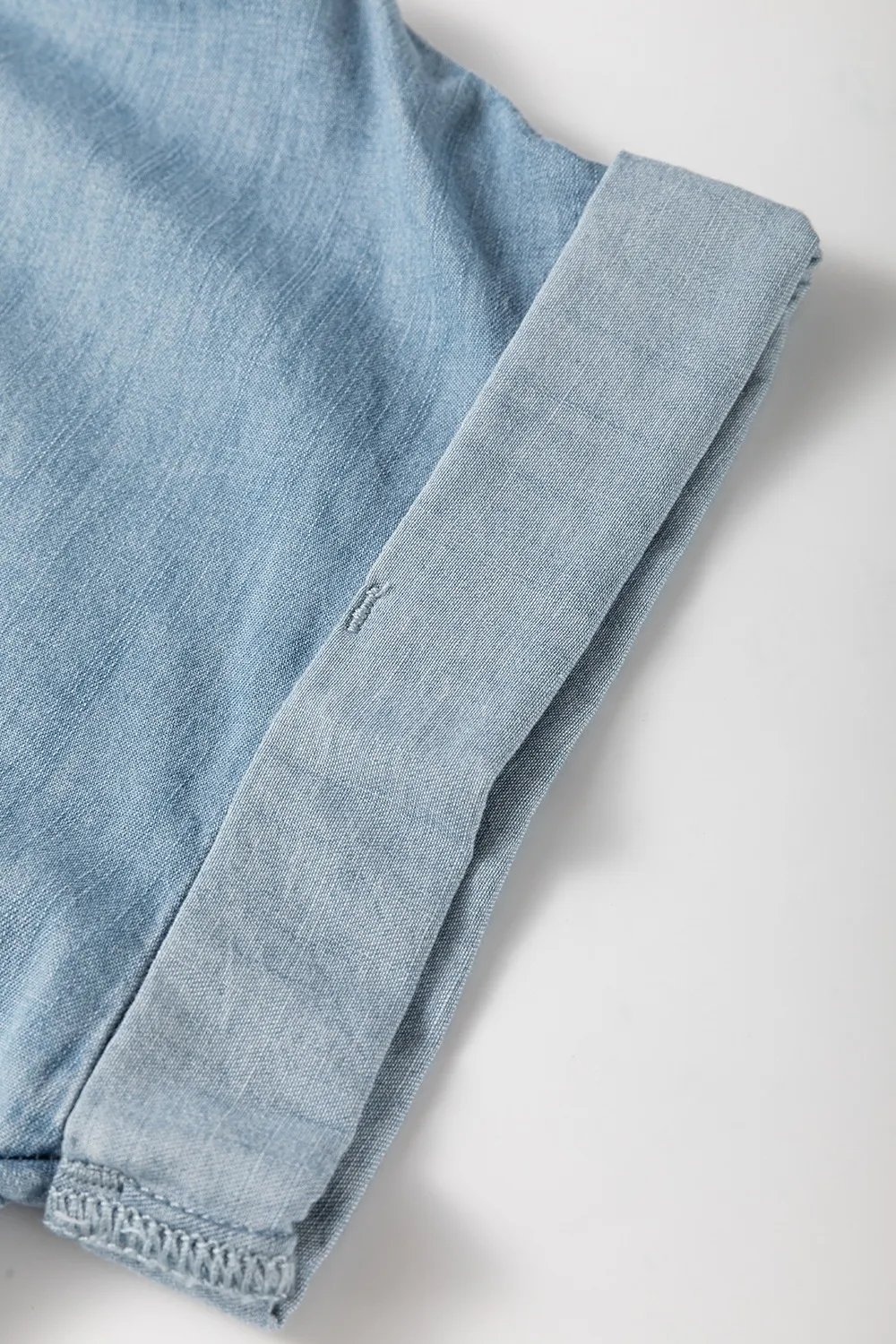 Folded Short Sleeve Patched Pocket Denim Shirt - Image 9