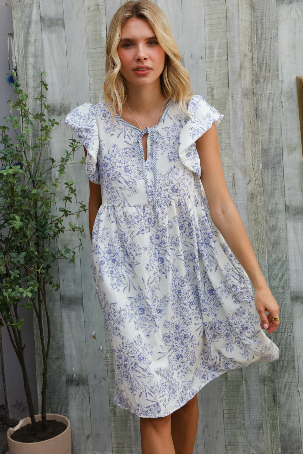 Vintage Vibes Dusty Blue Folded Ruffle Short Sleeve Babydoll Dress - Image 3